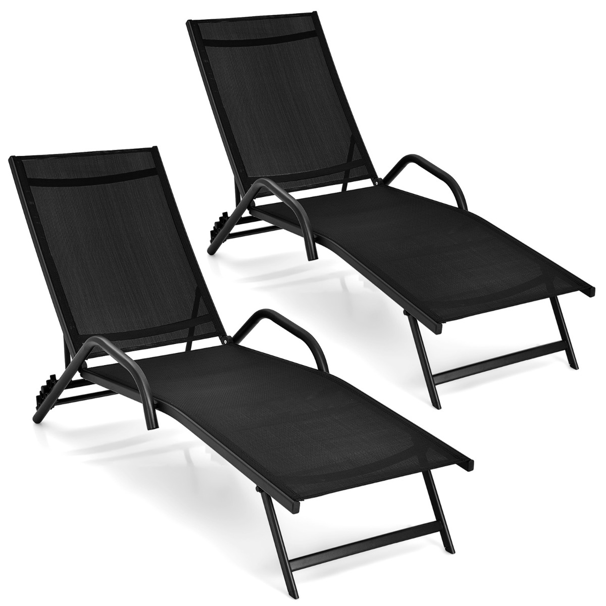 Costway Set de 2 Tumbonas de Exterior Sillones Reclinables Ajustable en 5 Posiciones Asiento Transpirable para Patio Jardín Piscina Negro