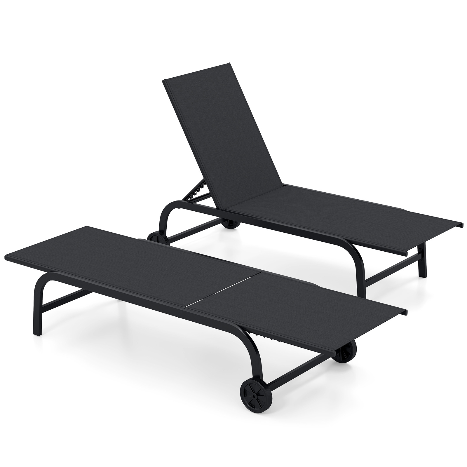 Costway Set de 2 Tumbonas Exteriores con Respaldo Ajustable en Cinco Niveles y Ruedas Deslizantes Estructura Metálica Resistente 190 x 69 cm Negro
