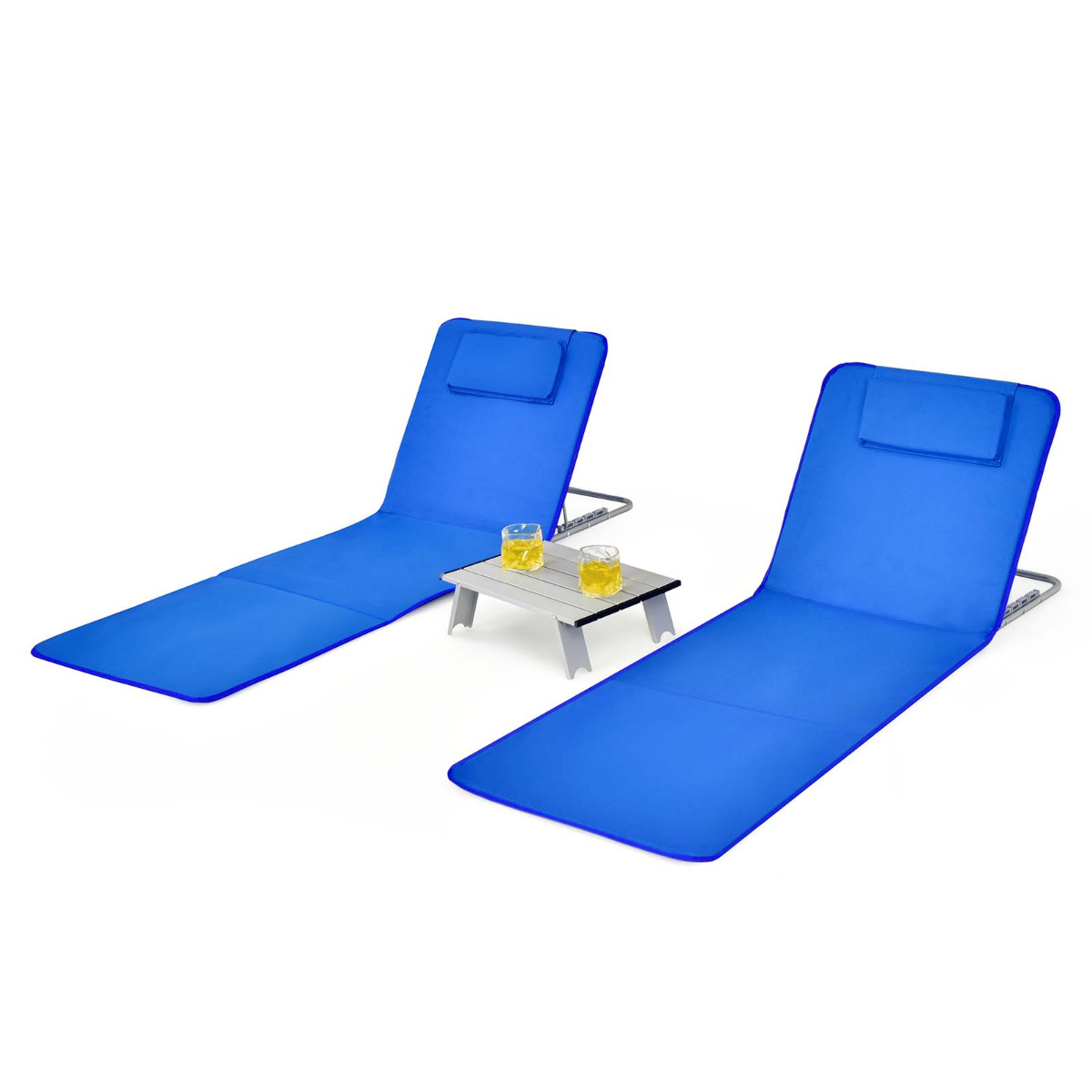 Costway Set de 2 Tumbonas Plegables para Playa Alfombrillas con Mesita Sillas Regulables Portátiles para Playa Patio Camping Azul