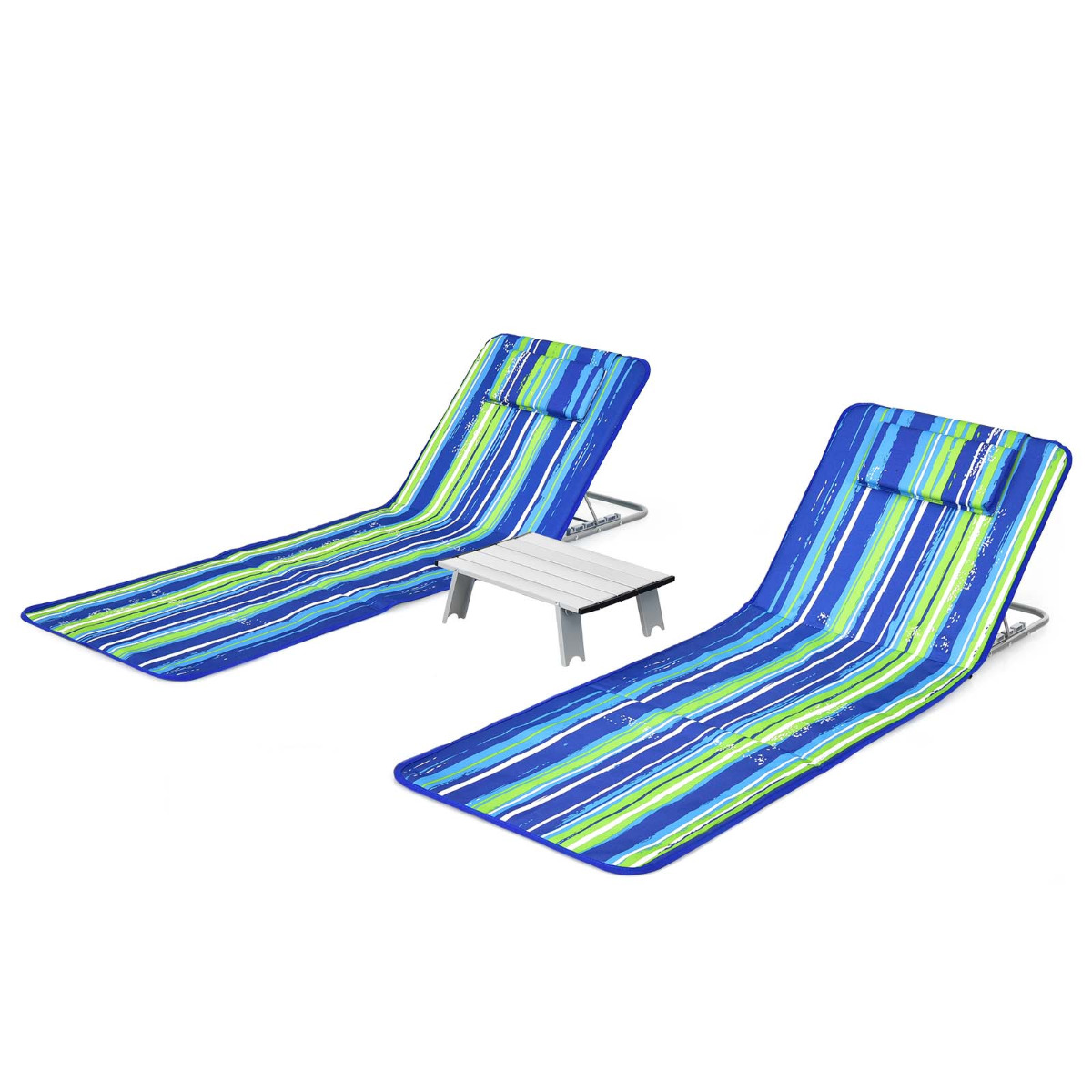 Costway Set de 2 Tumbonas Plegables para Playa Alfombrillas con Mesita Sillas Regulables Portátiles para Playa Patio Camping Raya Azul