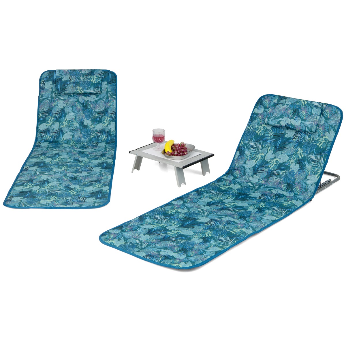 Costway Set de 2 Tumbonas Plegables para Playa Alfombrillas con Mesita Sillas Regulables Portátiles para Playa Patio Camping Verde