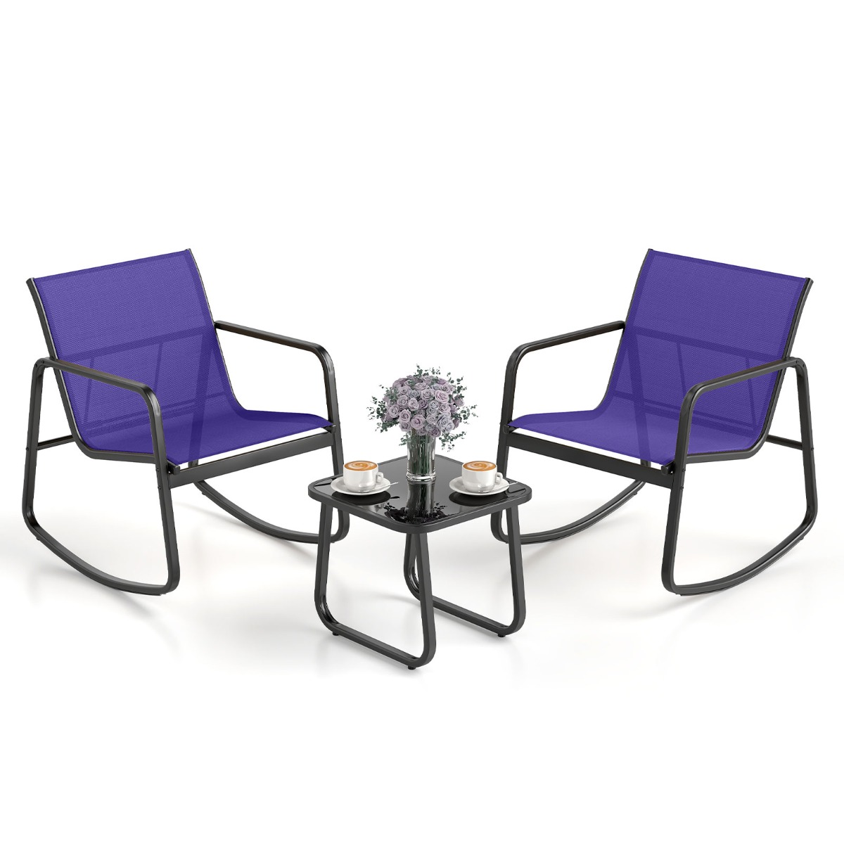 Costway Set de 3 Piezas Balancín para Patio 2 Sillas de Bistro y Mesa Baja de Cristal con Tejido de Malla Transpirable Azul Marino