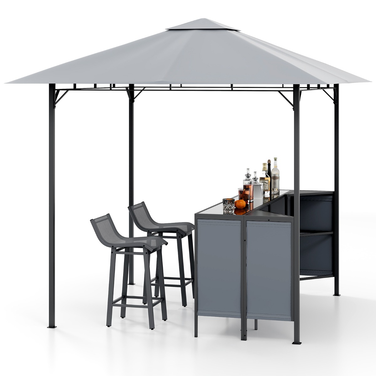 Costway Set de Bar de Patio de 3 Piezas Gazebo de Parrilla de Doble Piso con 2 Taburetes de Bar Mesa de Bar de Vidrio Templado Estante de Almacenaje