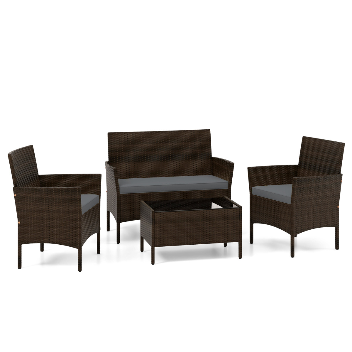 Costway Set de Conversación de Ratán para Patio de 4 Piezas Muebles para Exterior con Silla Sofá de 2 Plazas y Mesa de Vidrio Templado Cojines Gris