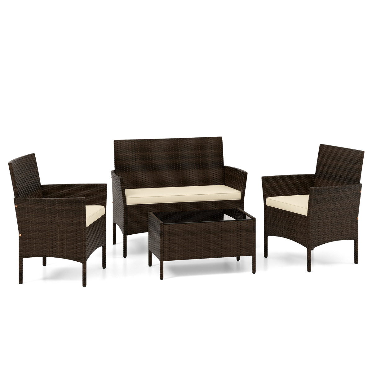 Costway Set de Conversación de Ratán para Patio de 4 Piezas Muebles para Exterior con Silla Sofá de 2 Plazas y Mesa de Vidrio Templado Cojines Marrón