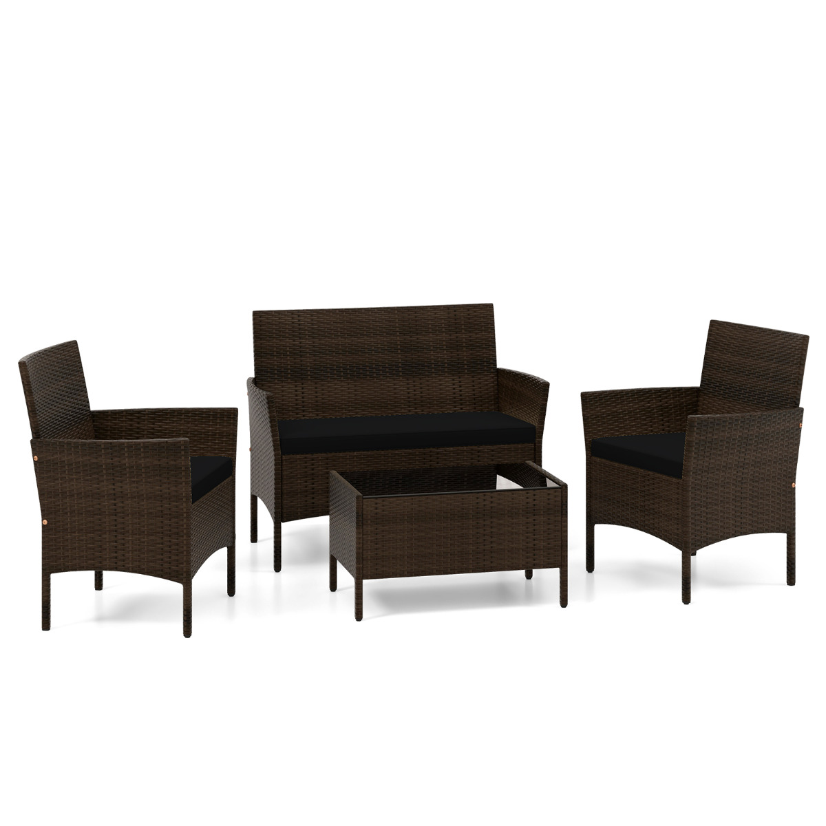 Costway Set de Conversación de Ratán para Patio de 4 Piezas Muebles para Exterior con Silla Sofá de 2 Plazas y Mesa de Vidrio Templado Cojines Negro