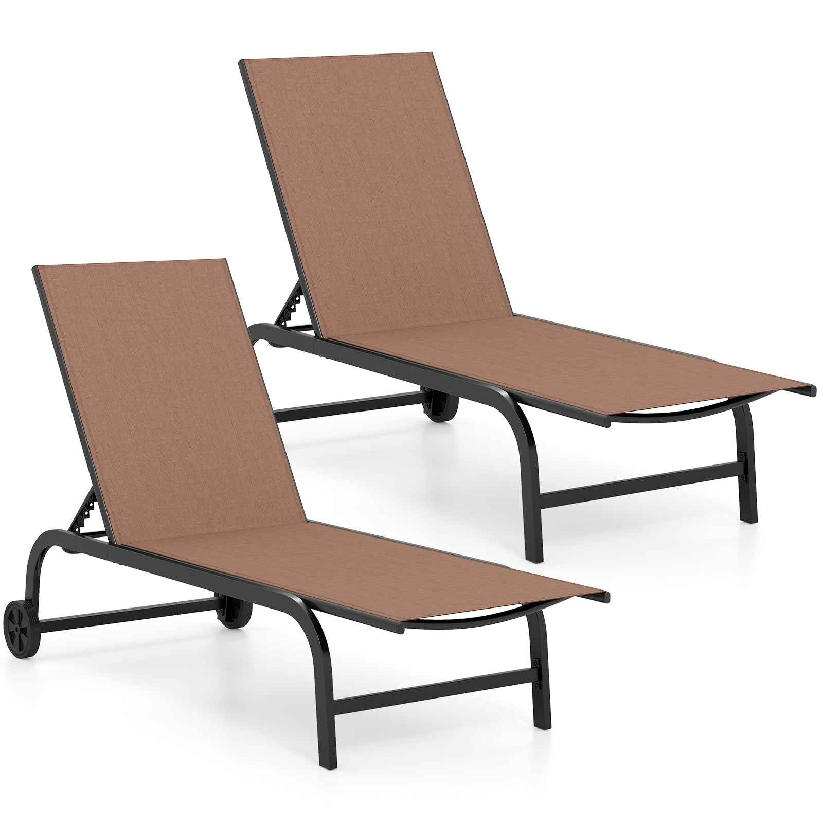 Costway Set de Dos Tumbonas Exteriores con Respaldo Ajustable en Cinco Niveles y Ruedas Deslizantes Estructura Metálica Resistente 190 x 69 cm Café