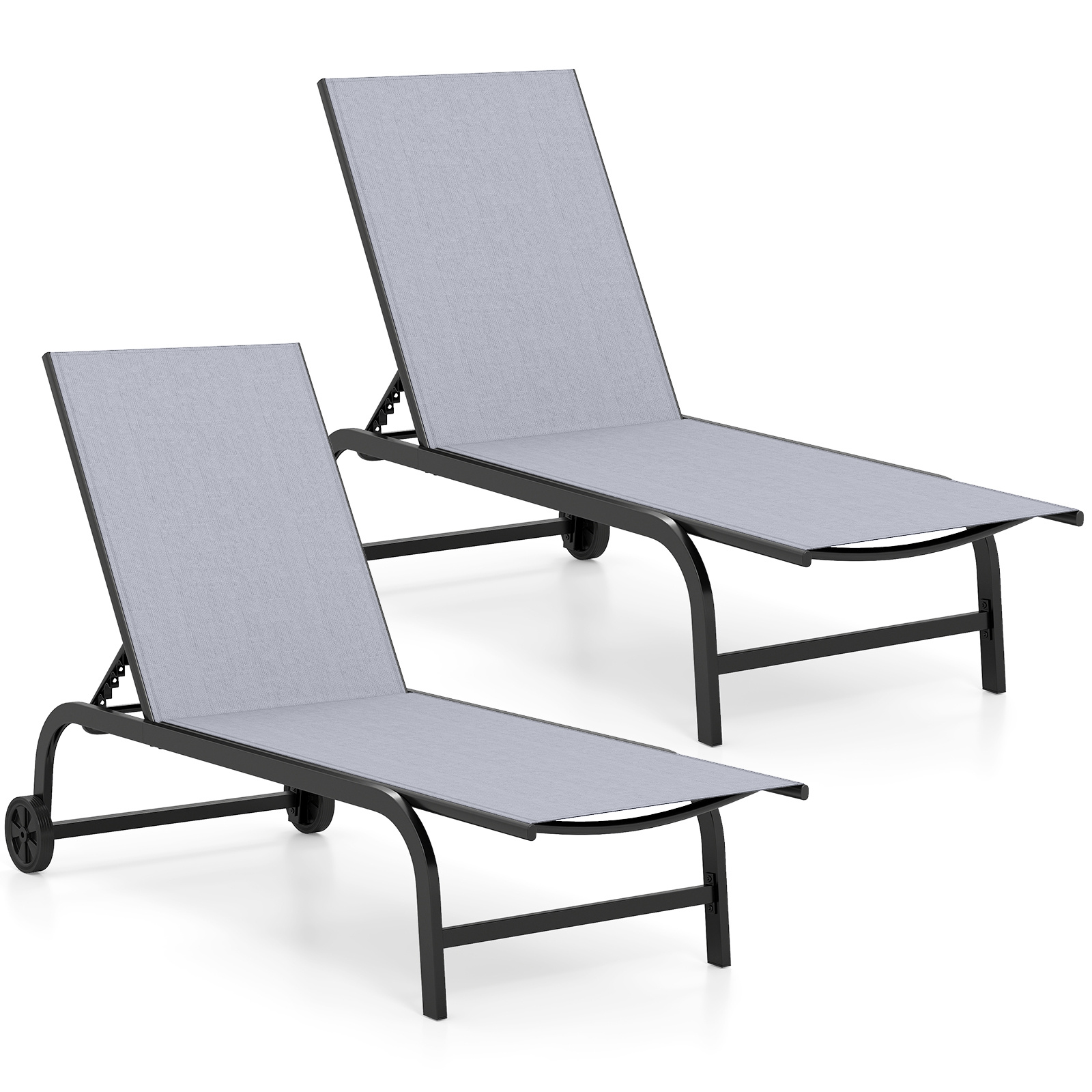 Costway Set de Dos Tumbonas Exteriores con Respaldo Ajustable en Cinco Niveles y Ruedas Deslizantes Estructura Metálica Resistente 190 x 69cm Gris