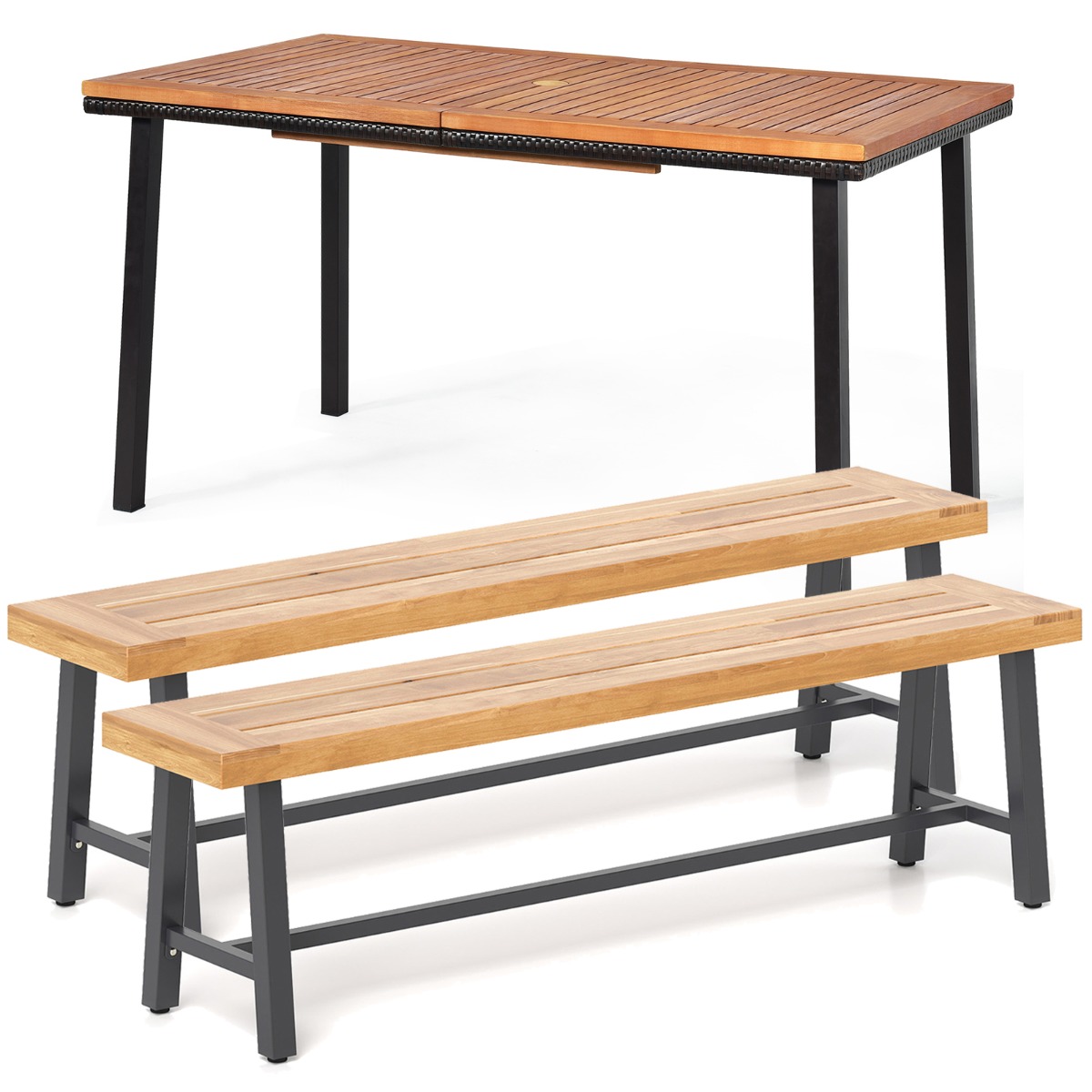 Costway Set de Mesa y Banco de Jardín de Madera de Acacia con Estructura de Acero y Hoyo para Sombrilla Exterior con 2 Sillas