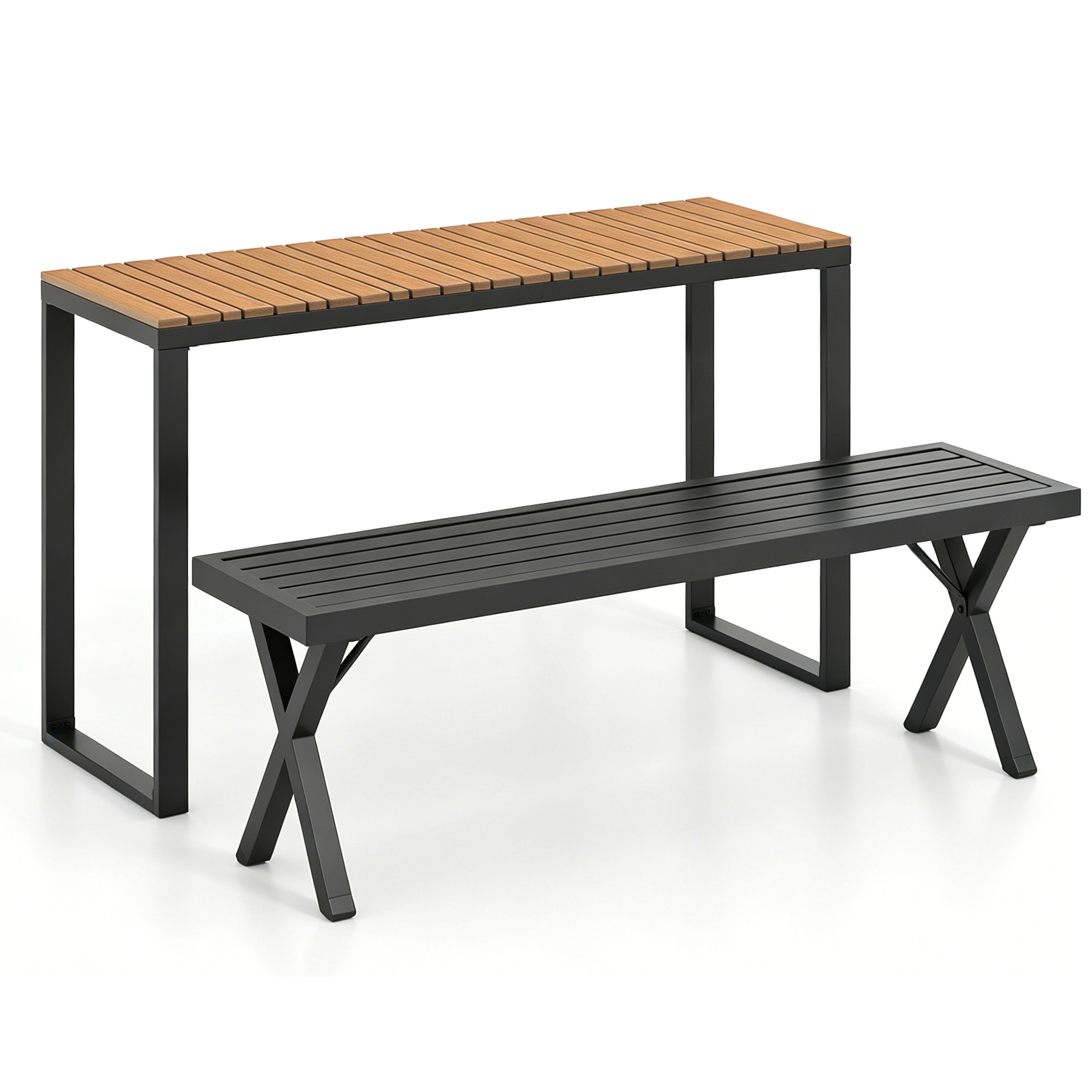 Costway Set de Mesa y Banco para Patio con Mesa de WPC Antideslizante y Banco de Metal con Patas en X Resistente al Sol Fácil Limpieza