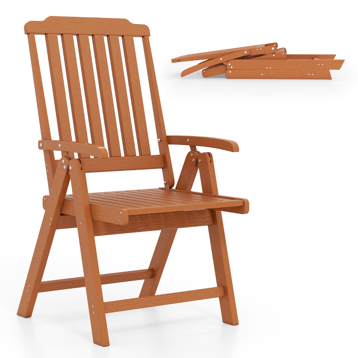 Costway Silla de Patio Plegable Silla de Comedor Exterior de HDPE para Todo Tiempo con Apoyabrazos Respaldo Curvo Asiento de Listones Marrón