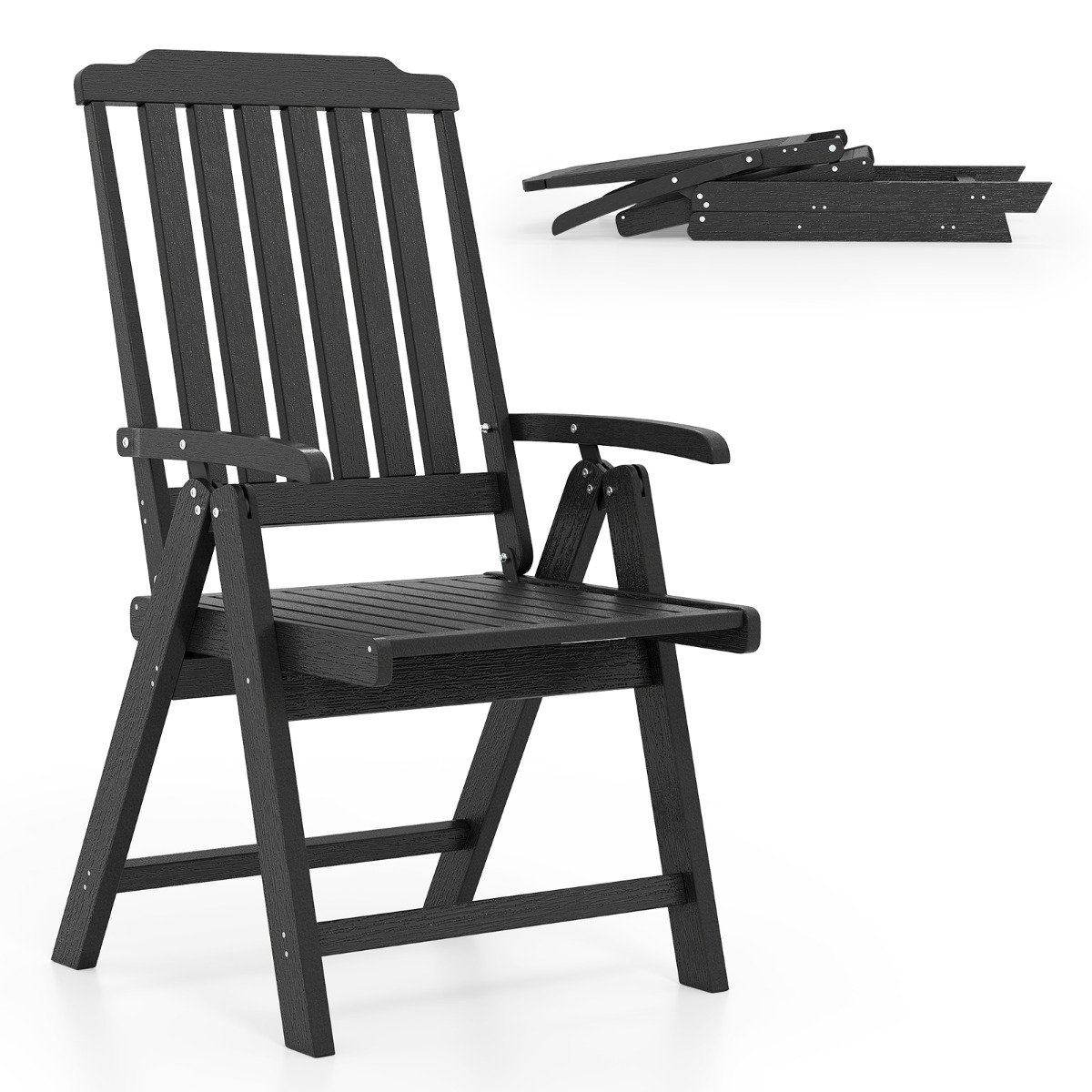 Costway Silla de Patio Plegable Silla de Comedor Exterior de HDPE para Todo Tiempo con Apoyabrazos Respaldo Curvo Asiento de Listones Negro