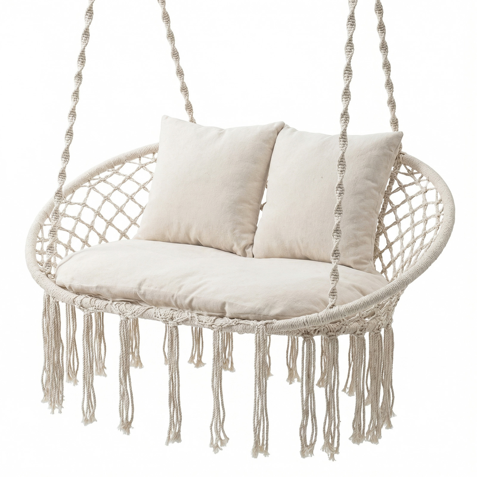 Costway Silla Hamaca Colgante 2 Plazas con Flecos Cojines Marco Metálico Bohemio Interior Exterior Patio Balcón Porche Carga 250kg Beige