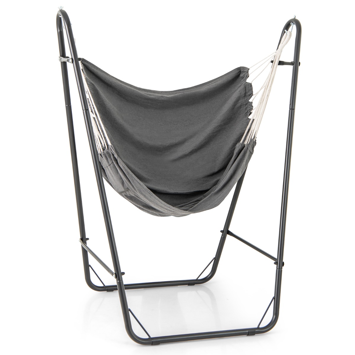 Costway Silla Hamaca Colgante con Soporte Estructura Metálica Bolsillo Lateral Carga 120kg Interior Exterior Salón Dormitorio Patio Gris Oscuro