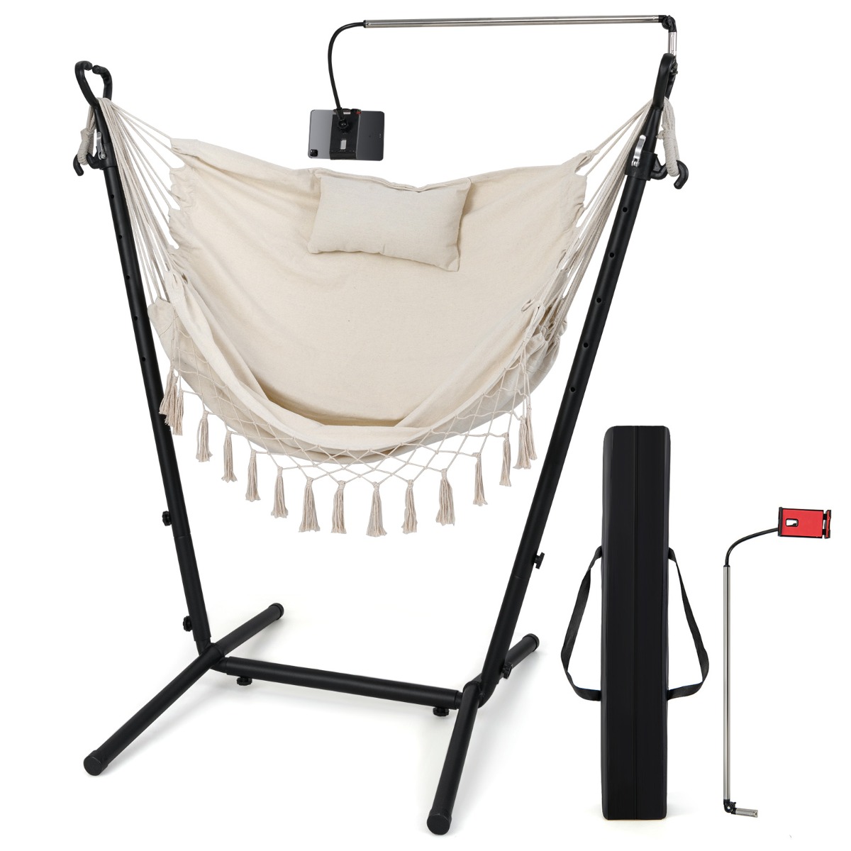 Costway Silla Hamaca con Soporte Altura Ajustale de 6 Niveles Carga 250kg Hamaca Portátil Jardín Exterior con Armazón Porta Teléfono Almohada Beige