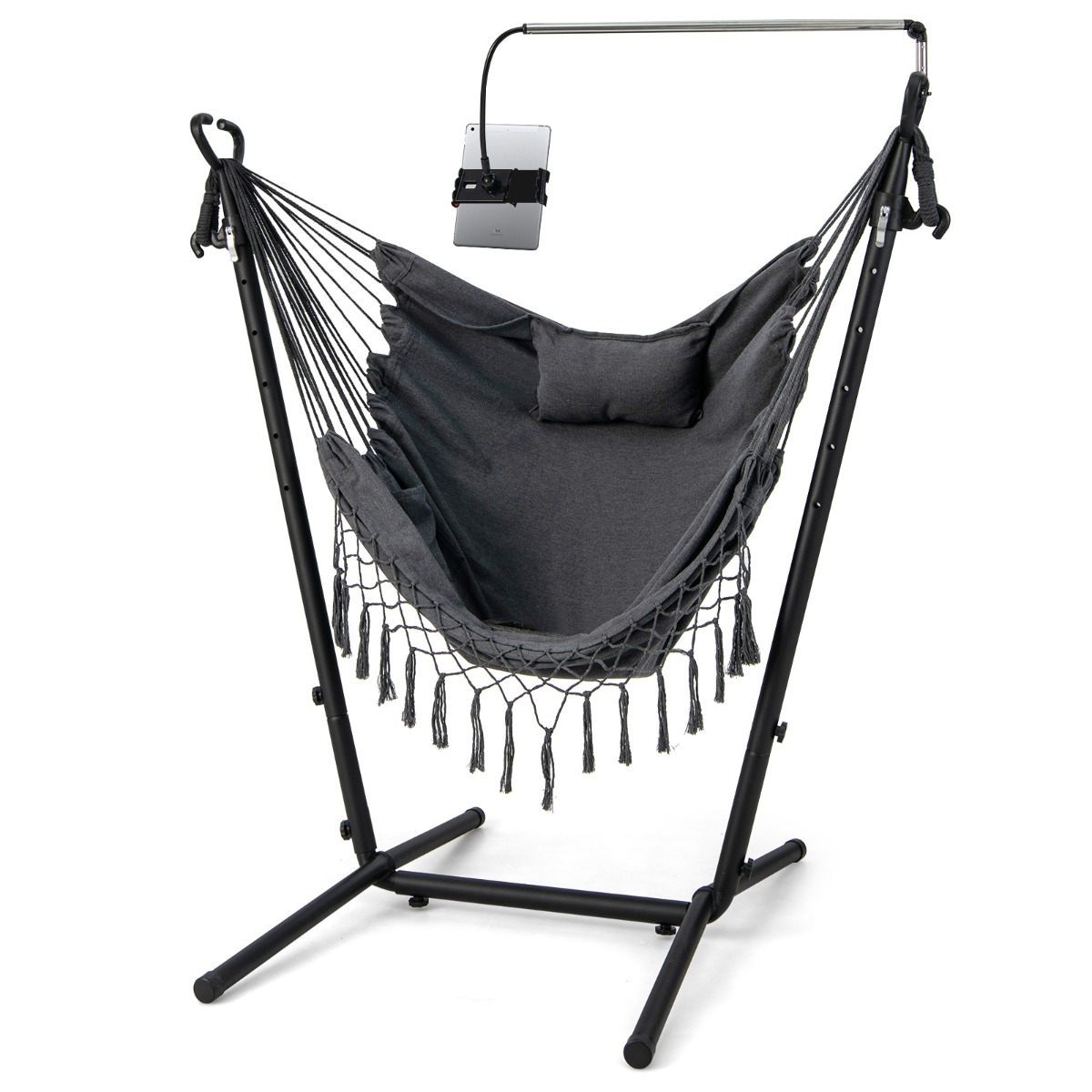 Costway Silla Hamaca con Soporte Altura Ajustale de 6 Niveles Carga 250kg Hamaca Portátil Jardín Exterior con Armazón Porta Teléfono Almohada Gris