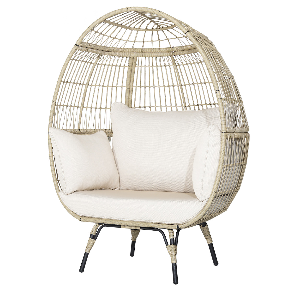 Costway Silla Huevo de Mimbre de Exterior 205 kg de Capacidad de Peso con 4 Cojines Robusta Estructura de Metal para Terraza Patio Salón 110 x 82 x 145 cm