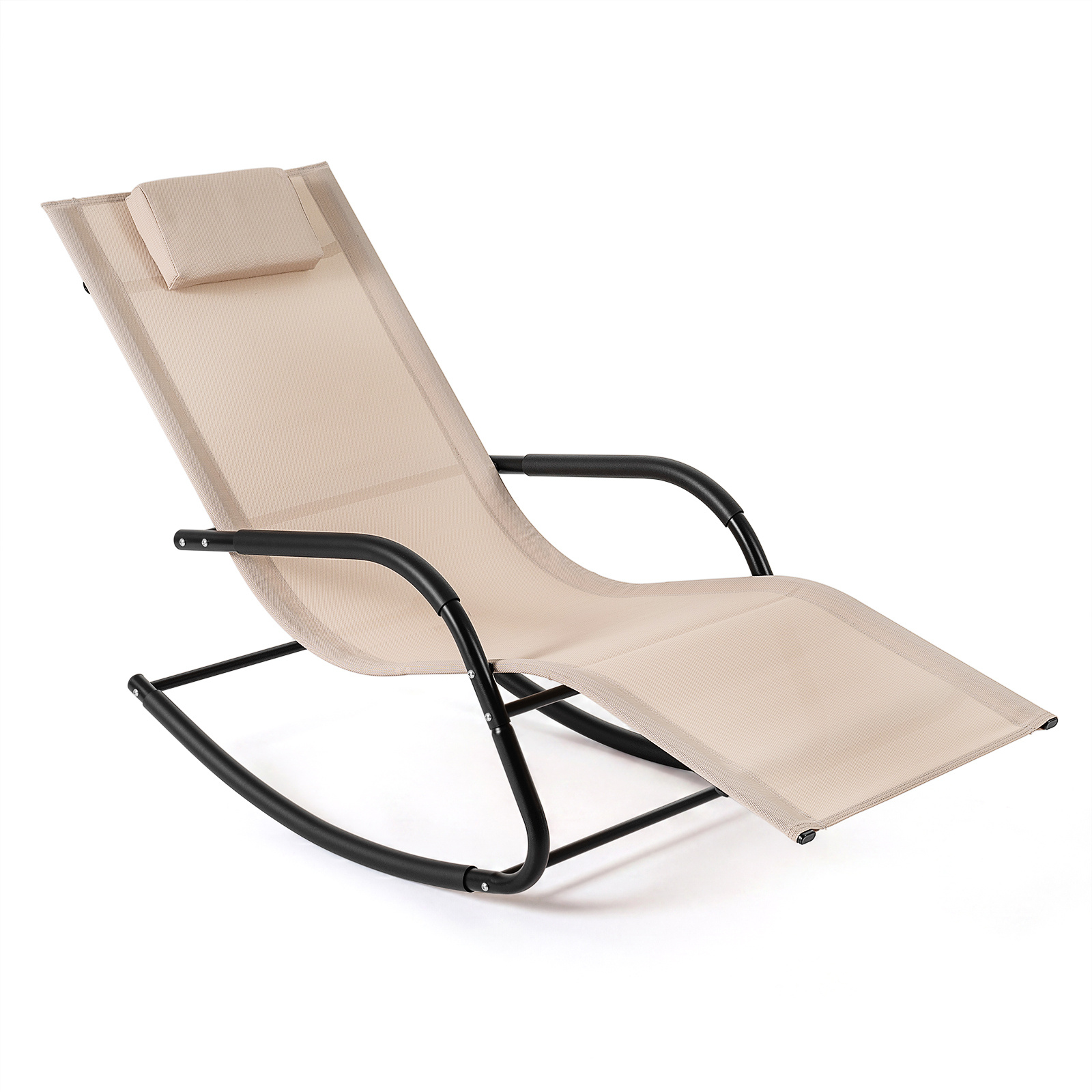 Costway Silla Mecedora Exterior Transpirable con Reposabrazos Curvos y Reposacabezas Desmontable para Balcón Patio Terraza Carga 160kg Beige