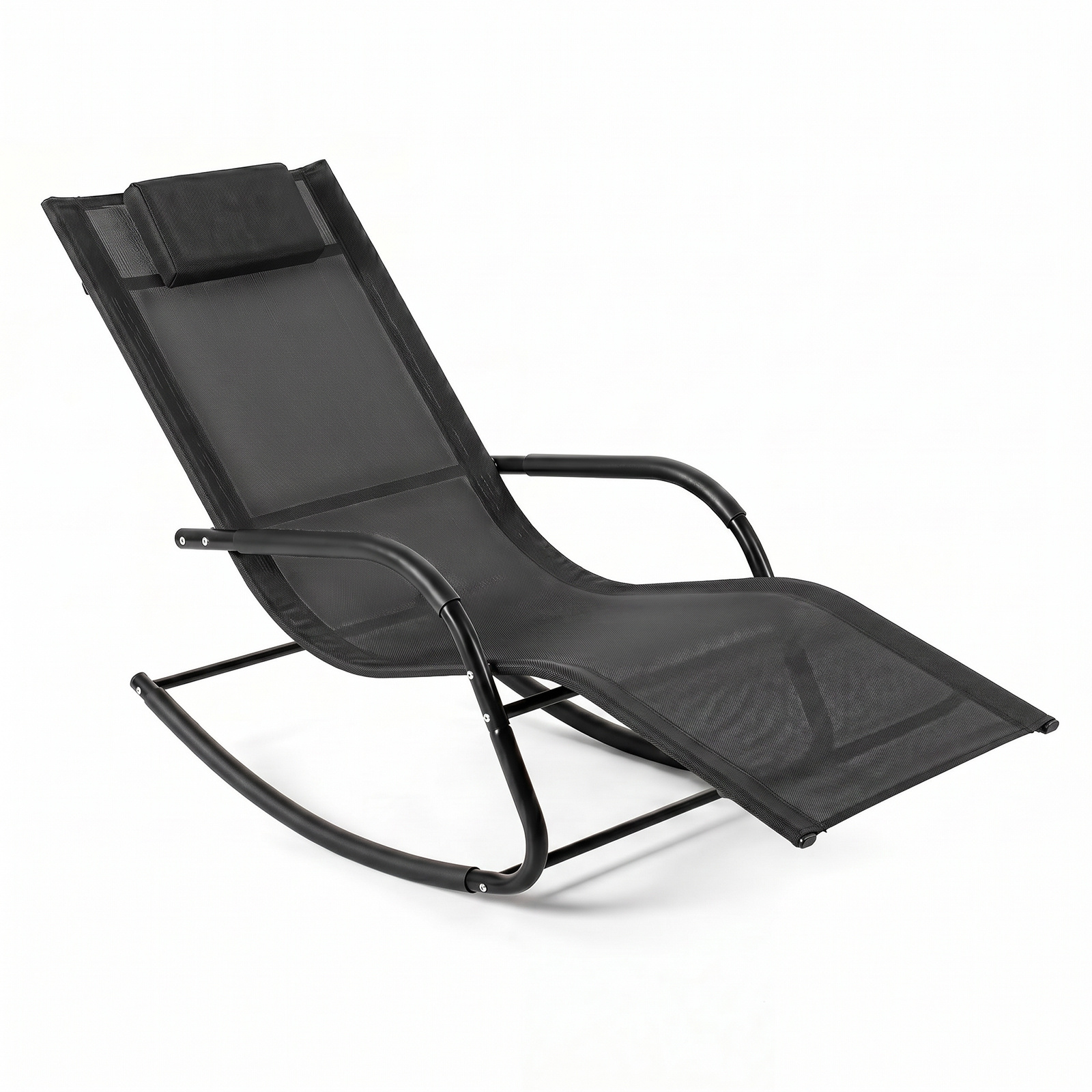 Costway Silla Mecedora Exterior Transpirable con Reposabrazos Curvos y Reposacabezas Desmontable para Balcón Patio Terraza Carga 160kg Negro