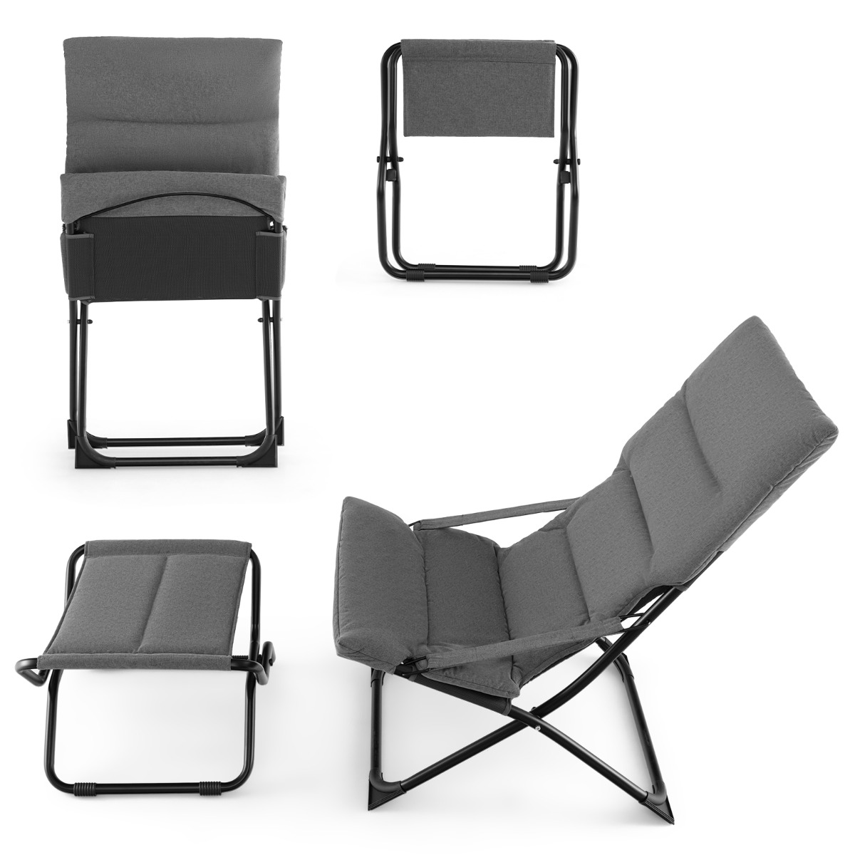 Costway Silla Plegable para Patio con Otomana Sillón Portátil para Exteriores con Reposapiés y Cojín Extraíble Silla de Playa Reclinable Gris