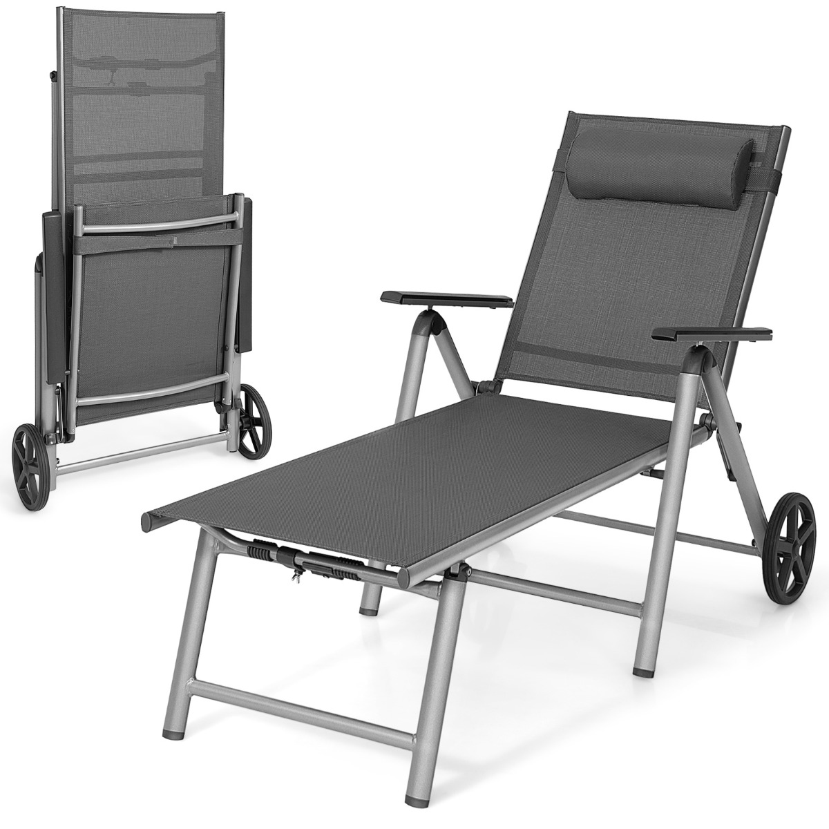Costway Silla Tumbona Exterior de Aluminio con Ruedas Plegable con Respaldo Ajustable en 7 Posiciones Tejido de Secado Rápido Negro