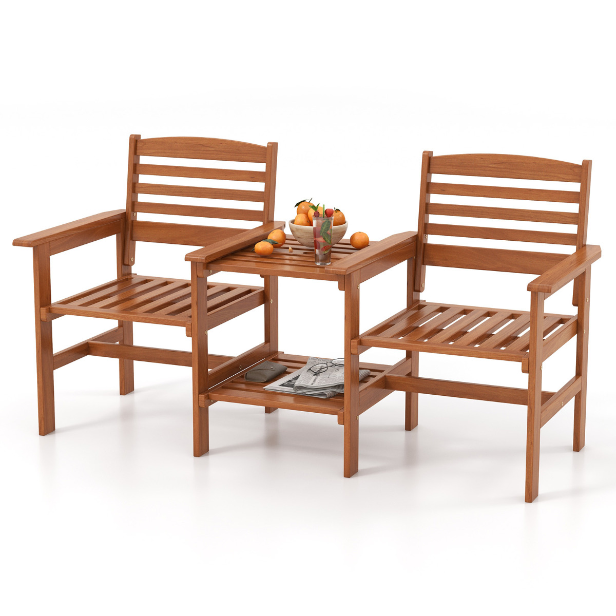 Costway Sofá de 2 Plazas para Patio con Mesa de Centro de Madera Juego de Muebles con Orificio para Sombrilla para Jardín Piscina Balcón Terraza