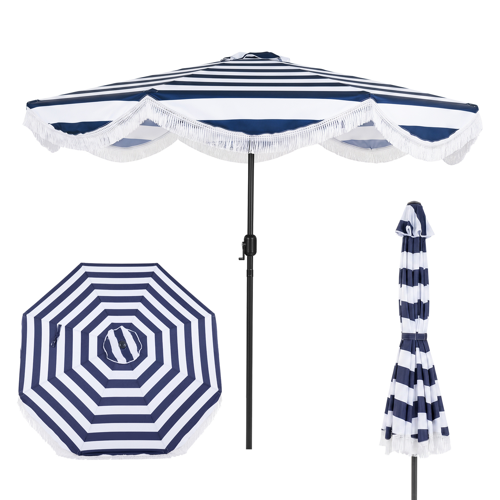 Costway Sombrilla φ270cm con Flecos Ángulo Inclinación Ajustable Protección Solar 8 Varillas Metálicas Manivela para Playa Patio Piscina Azul