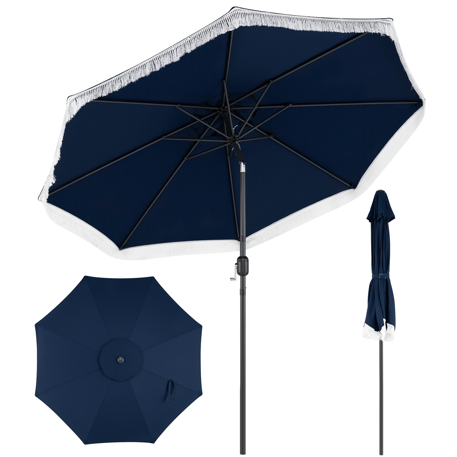 Costway Sombrilla 270cm Terraza Exterior con Inclinación Bidireccional 30° 8 Varillas Metálicas Manivela y Flecos Decorativos para Patio Azul Marino
