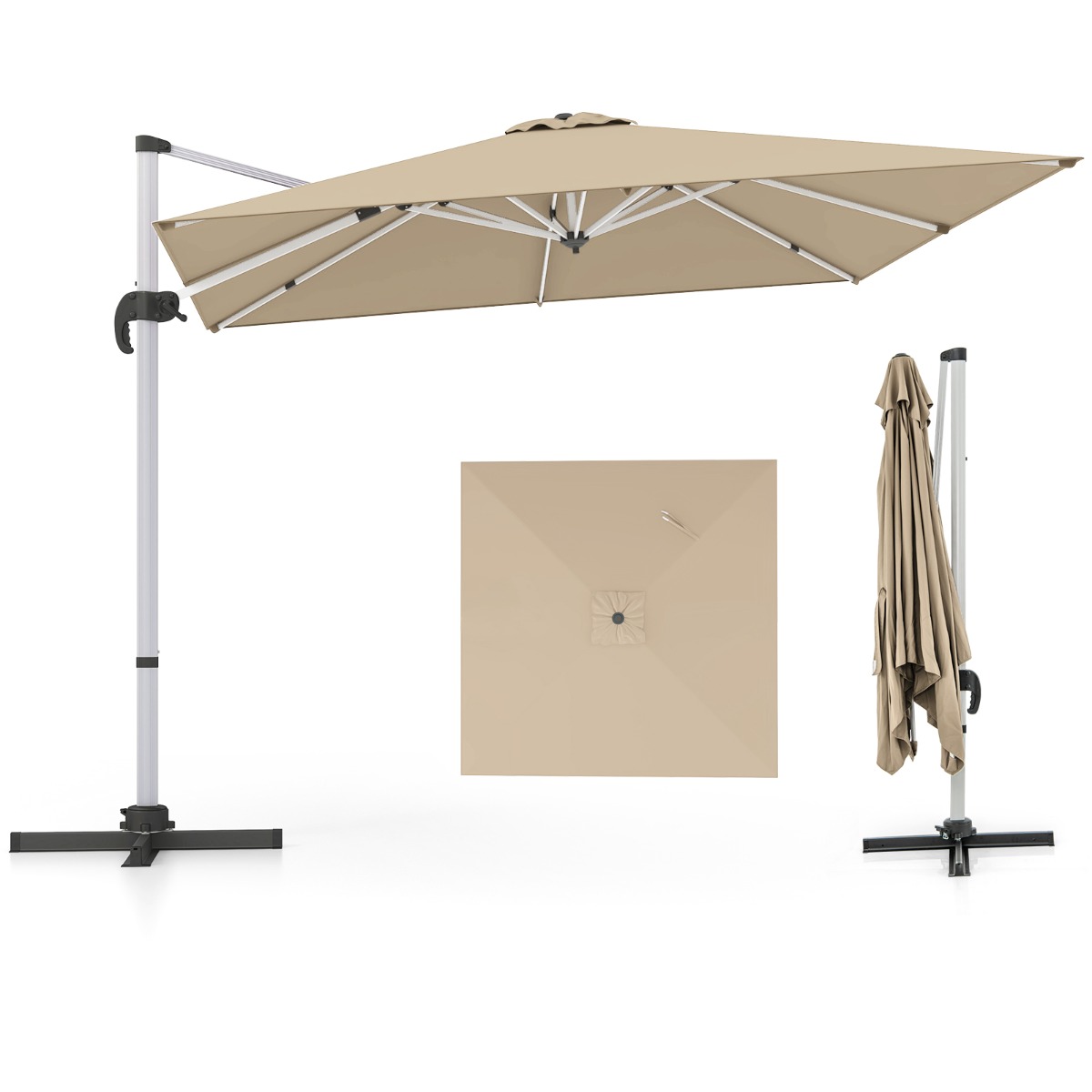 Costway Sombrilla 3 m Cuadrada de Aluminio con Rotación de 360° Inclinación Ajustable Resistente al Viento para Patio Piscina Terraza
