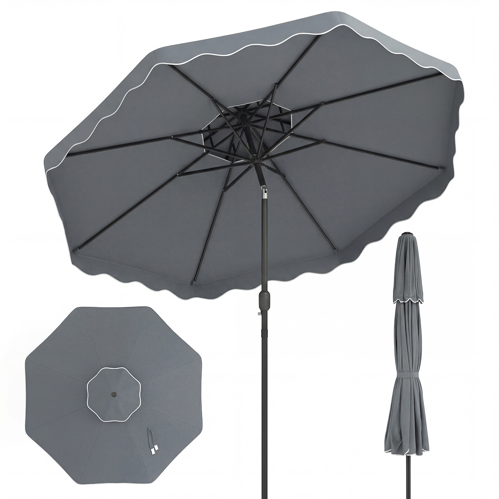Costway Sombrilla 300cm con Inclinación Bidireccional 30° Techo Ventilado 2 Capas 8 Varillas Metal Volantes para Patio Piscina Gris