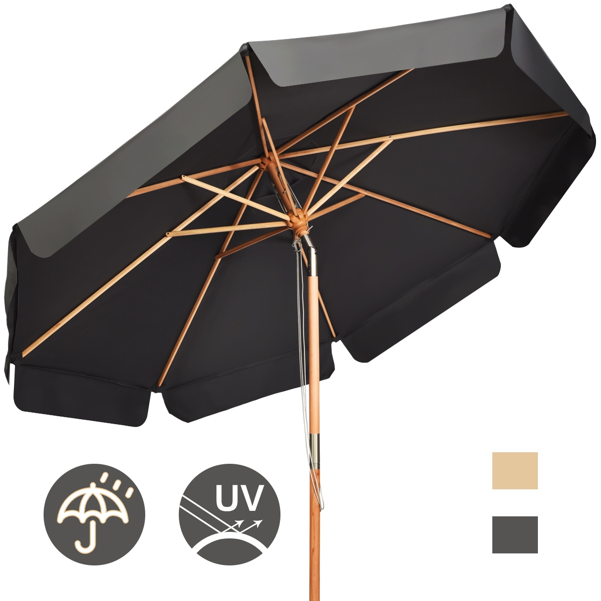 Costway Sombrilla de Exterior con Botón Manual 8 Varillas de Madera Blancas Tejido Poliéster Impermeable para Patio Playa Piscina Gris 300 x 253 cm