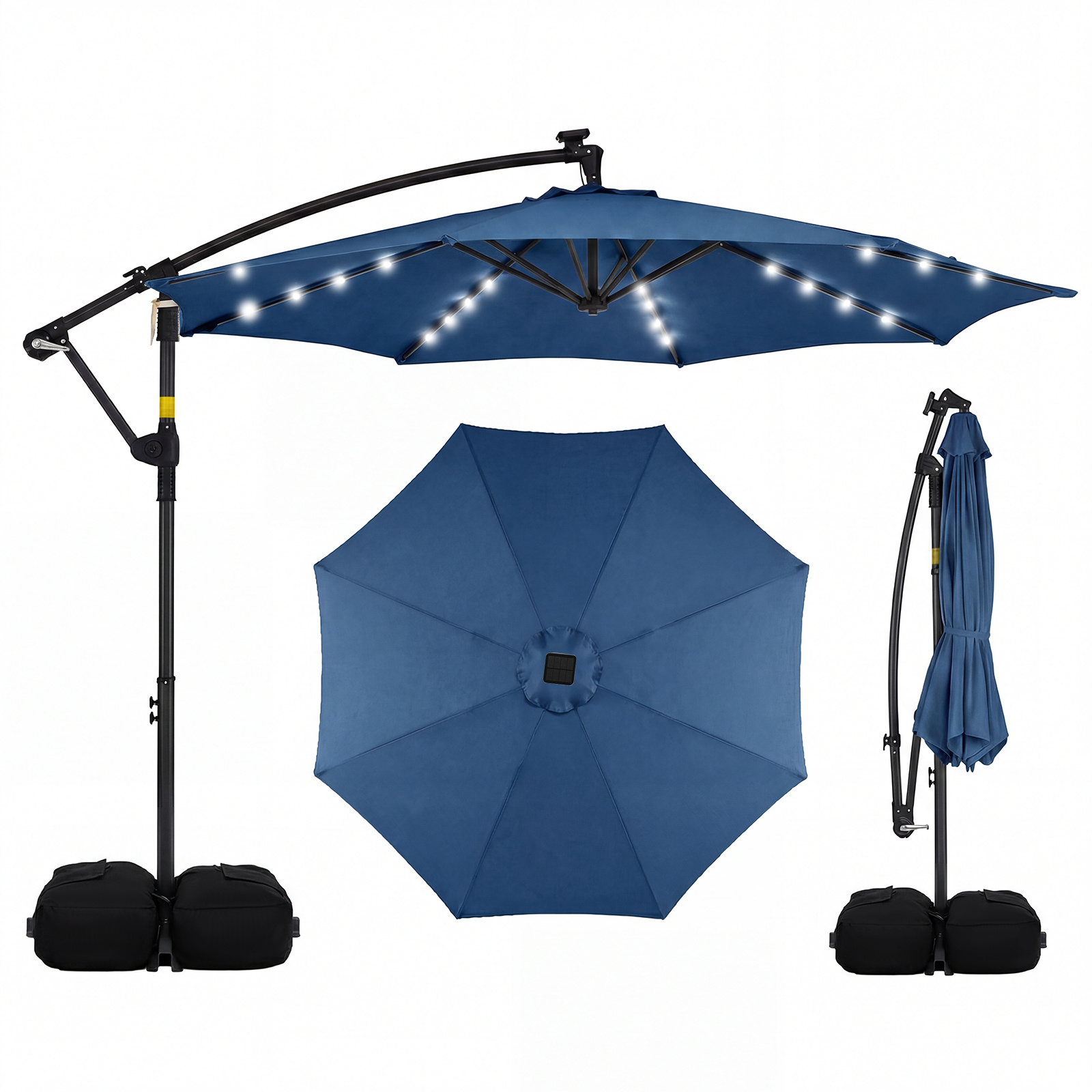 Costway Sombrilla de Jardín 300cm LED Solar Voladiza Giratoria 360° Manivela Base Cruz Sacos Arena Azul Oscuro