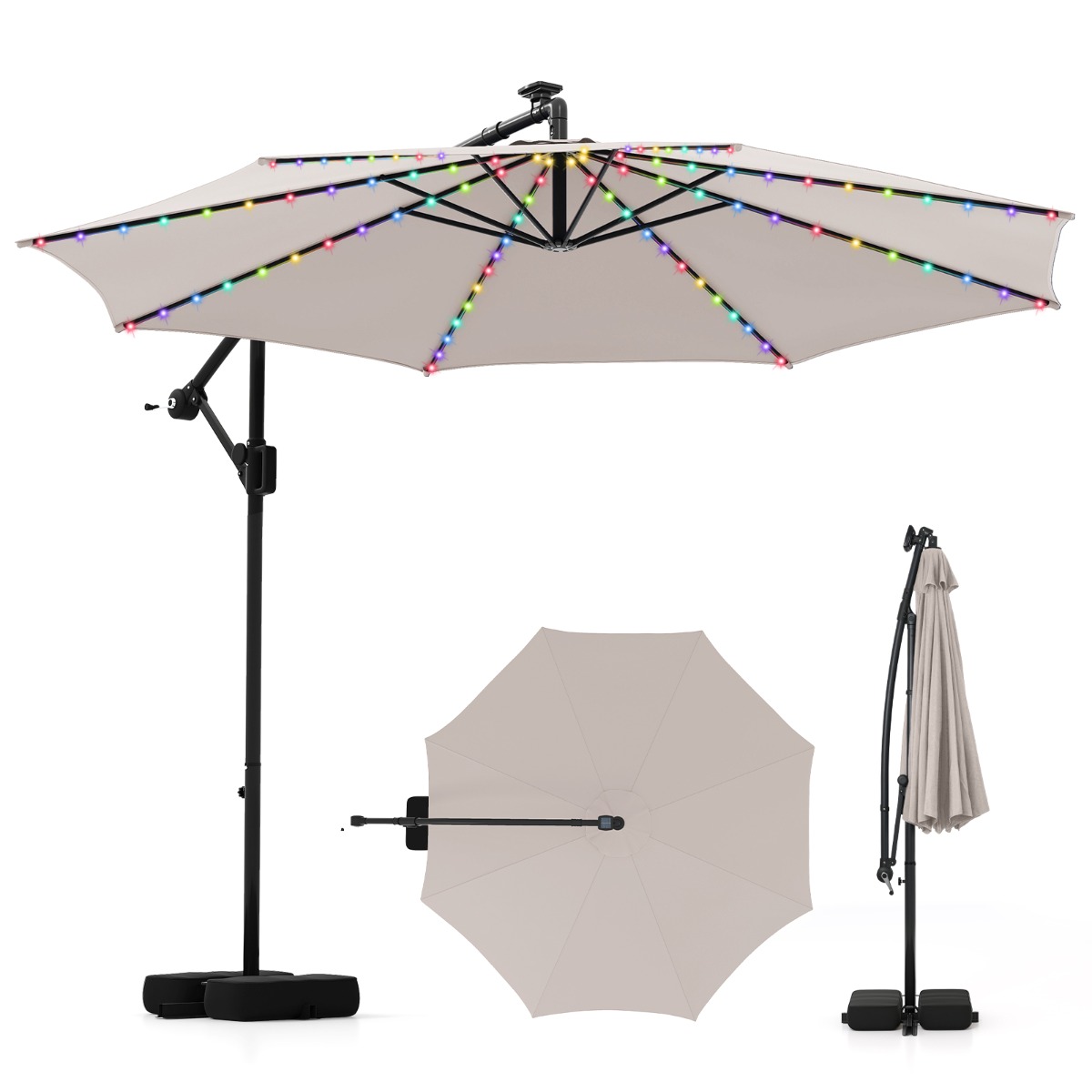 Costway Sombrilla de Luz 300 x 260 cm con Base Iluminación LED 9 Modos Ajuste Fácil de Inclinación Rotación de 360°