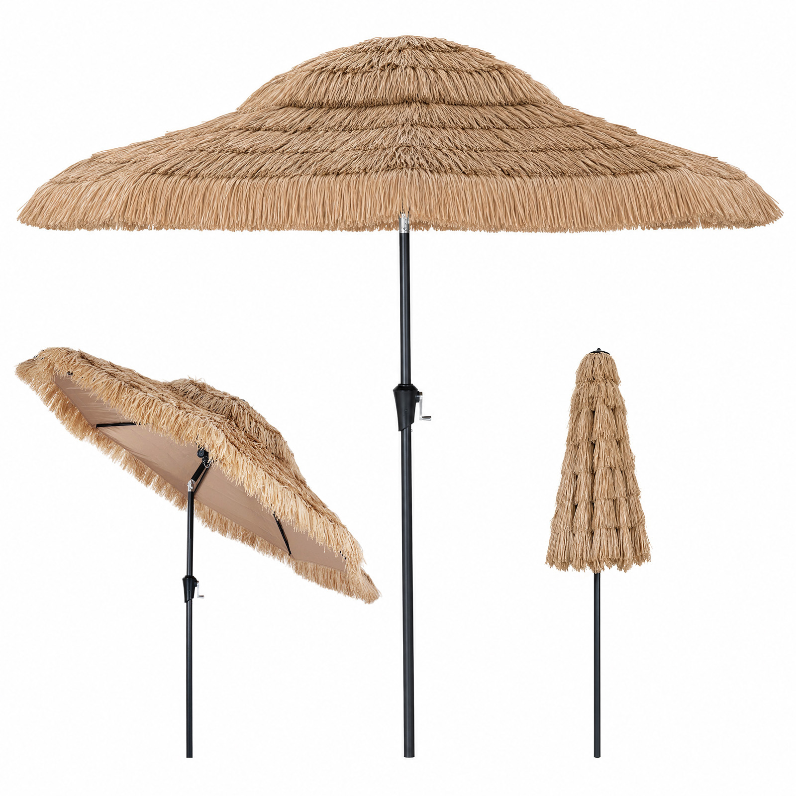 Costway Sombrilla de Paja Tiki Marrón con Bastidor Metálico Inclinable 30 Grados Resistente al Sol para Jardín Terraza y Playa 250 x 250 x 215 cm Marrón