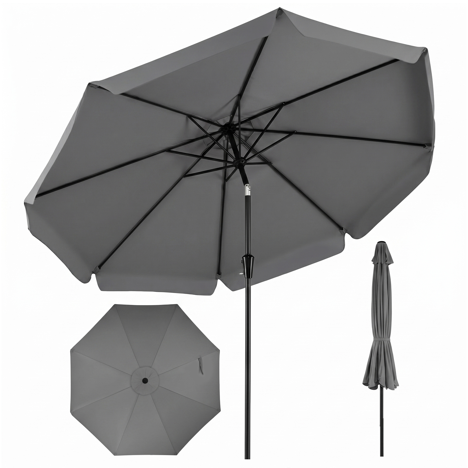 Costway Sombrilla de Patio Redonda Gris con Flecos Decorativos Mecanismo de Inclinación Anti Rayos UV para Espacios Exteriores 300 cm Sin Soporte