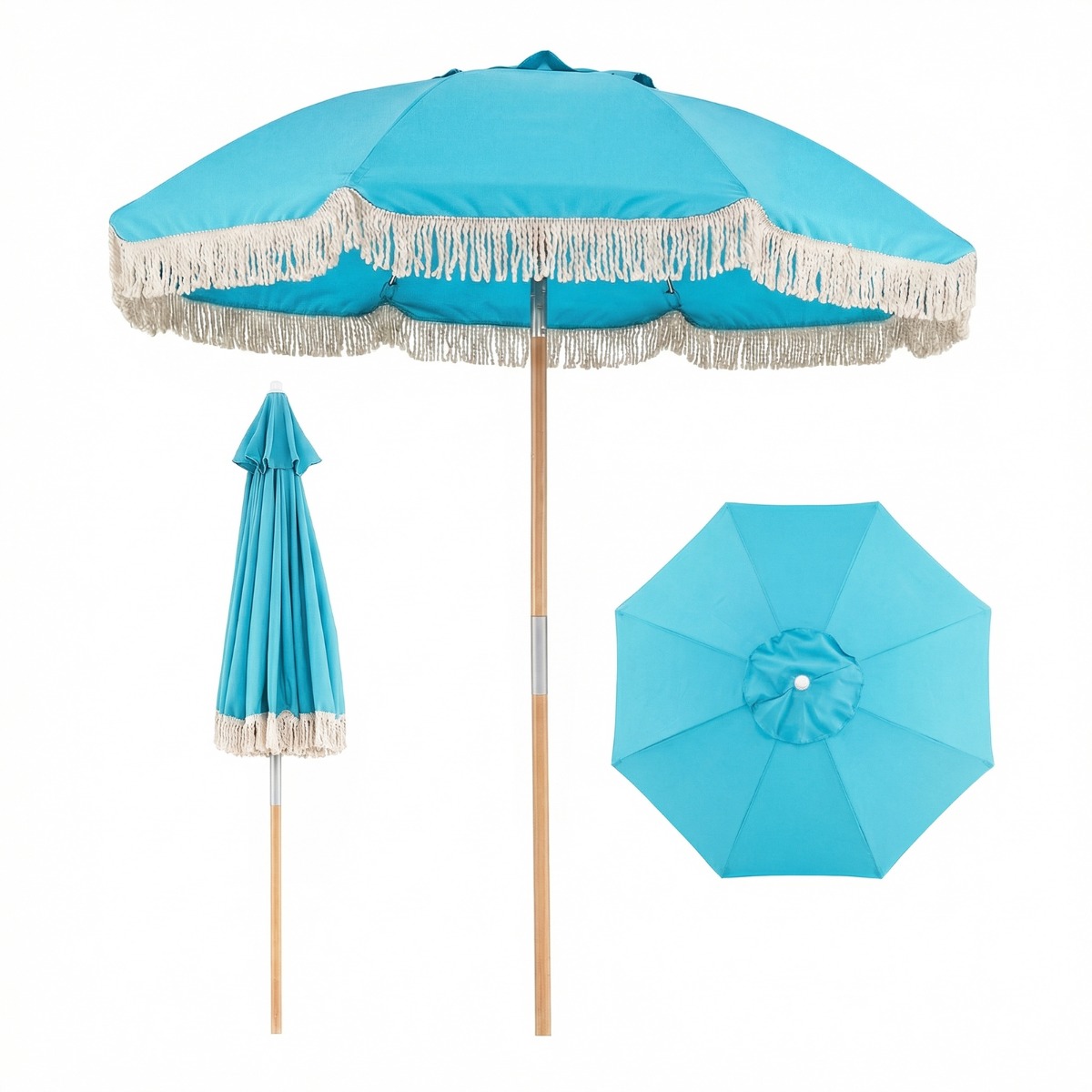 Costway Sombrilla de Playa Grande 173cm Mástil Madera 8 Varillas Fibra Vidrio Inclinable con Borlas para Exterior Jardín Azul