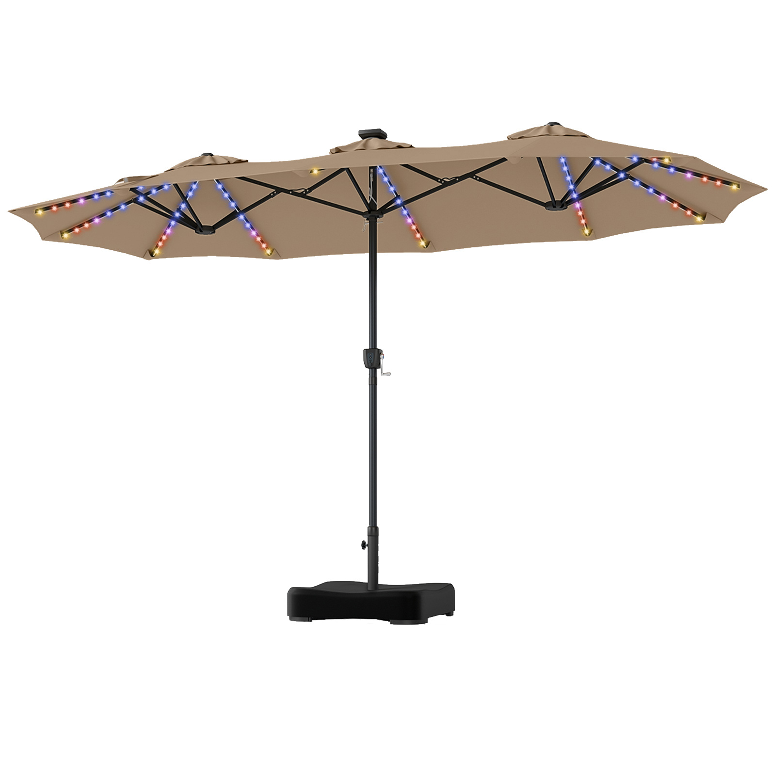 Costway Sombrilla Doble 470x288cm con 144 Luces LED 3 Ventilaciones Superiores Manivela y base Doble Cara para Jardín Piscina Terraza Caqui