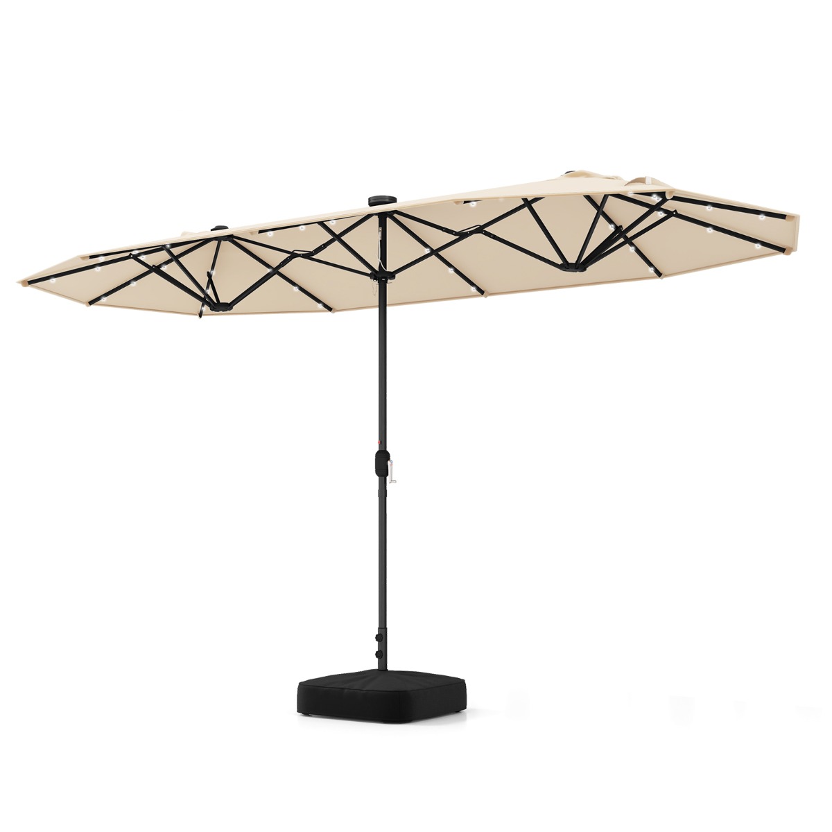 Costway Sombrilla Doble Grande 400cm con Base Luz LED Solar Manivela 12 Varillas Ventilaciones Rectangular para Playa Patio Jardín