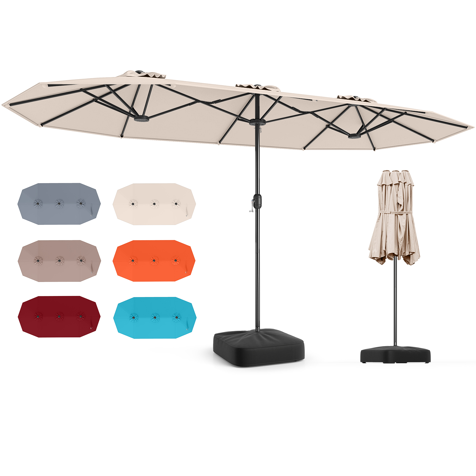 Costway Sombrilla Doble Rectangular con Base Manivela 12 Varillas Resistentes Tejido Impermeable Ventilaciones para Playa Patio Piscina