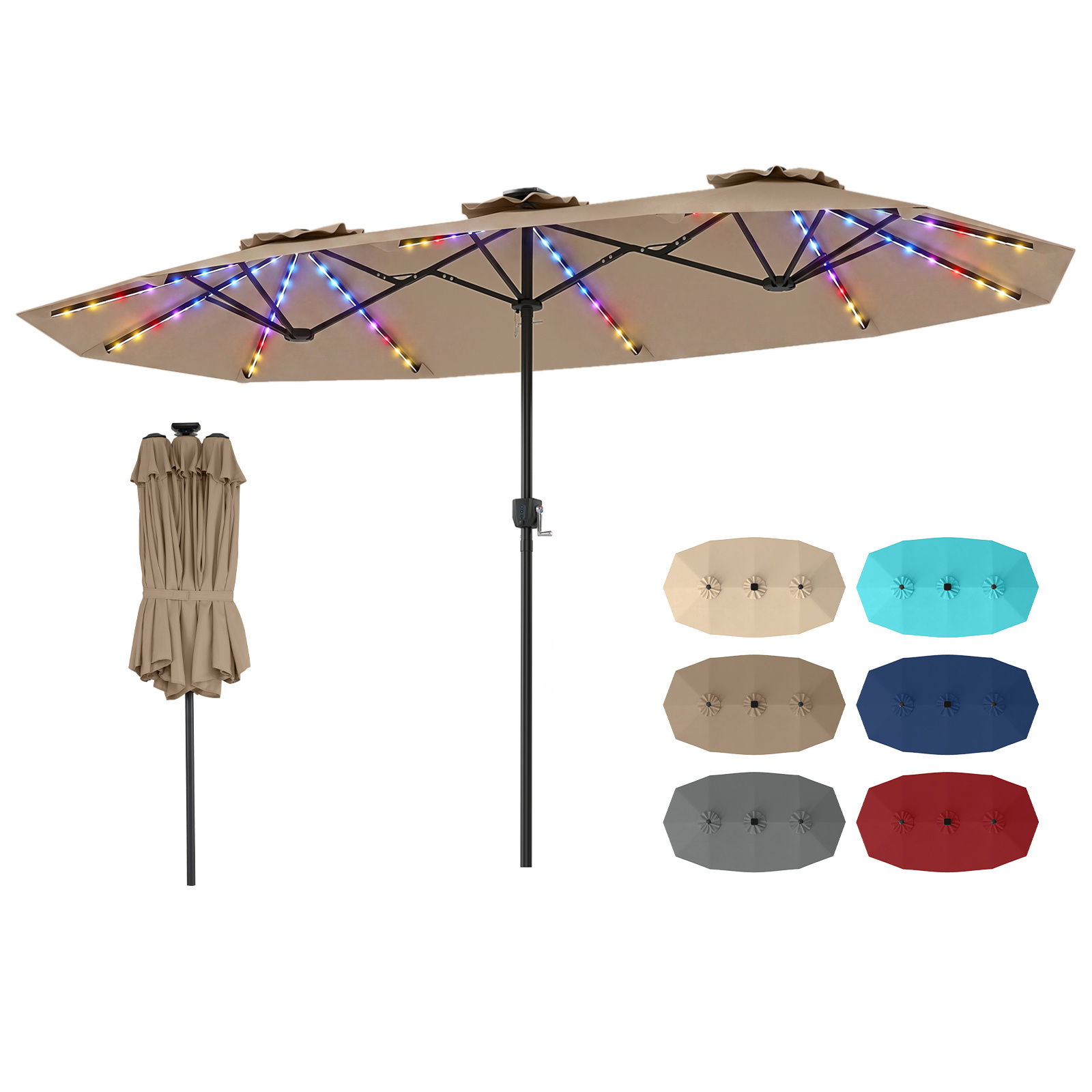 Costway Sombrilla Doble Resistente 400x210cm con 108 Luces LED Solares Fácil Manivela y 12 Varillas de Metal para Jardín Piscina Patio Café