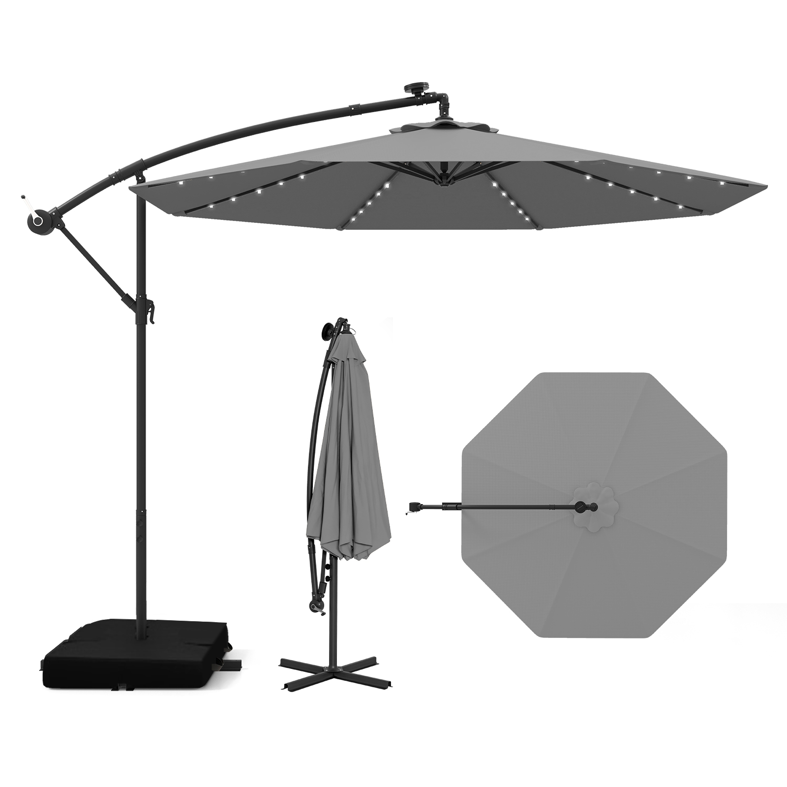 Costway Sombrilla Excéntrica 3,5x3,5m con 40 luces LED Solares Base Incluida Toldo Impermeable y Manivela para Terraza Jardín o Patio Gris