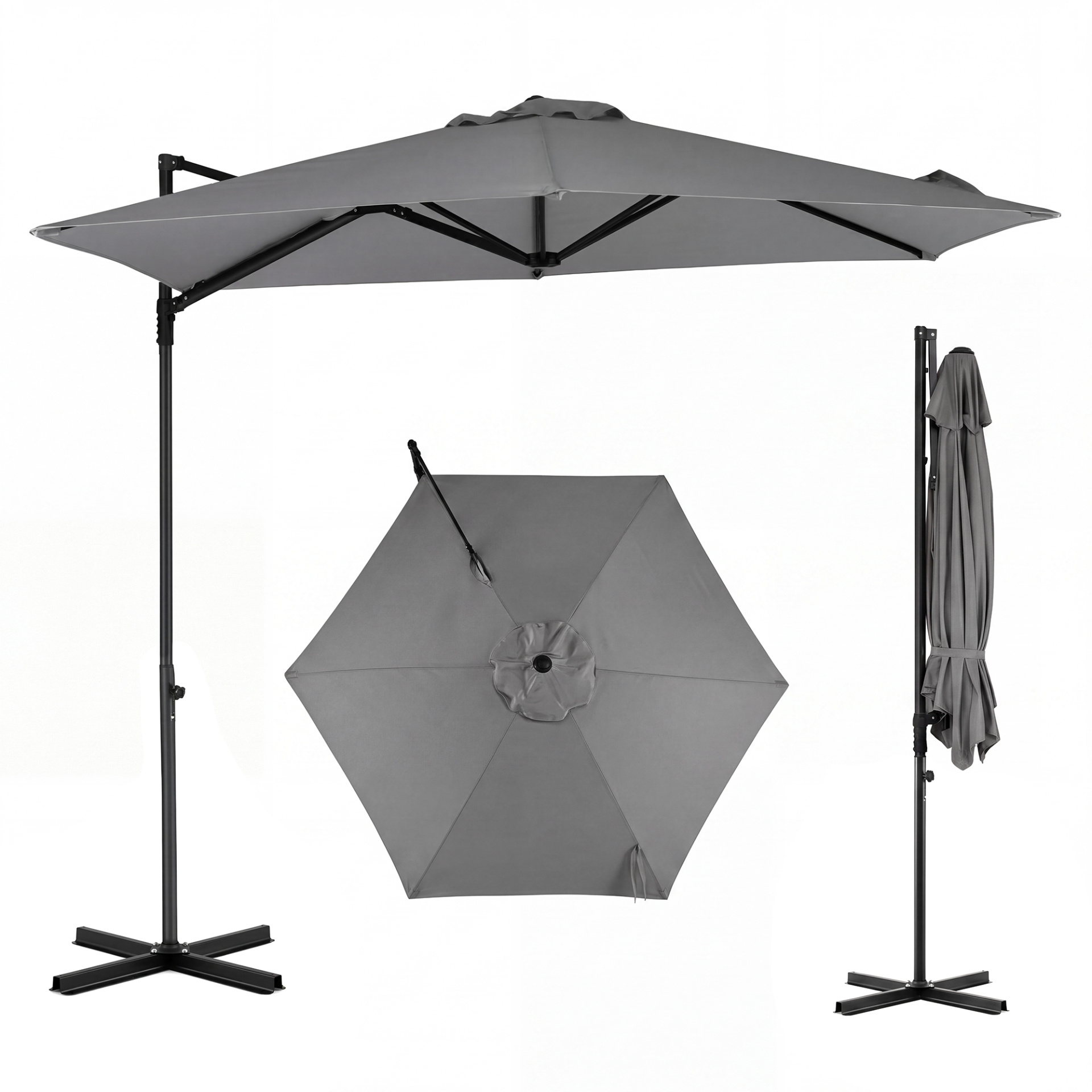 Costway Sombrilla Excéntrica Gris con Manivela Giratoria 360 Grados Protección UV Base Incluida para Jardín Terraza Patio 290 x 290 x 240 cm