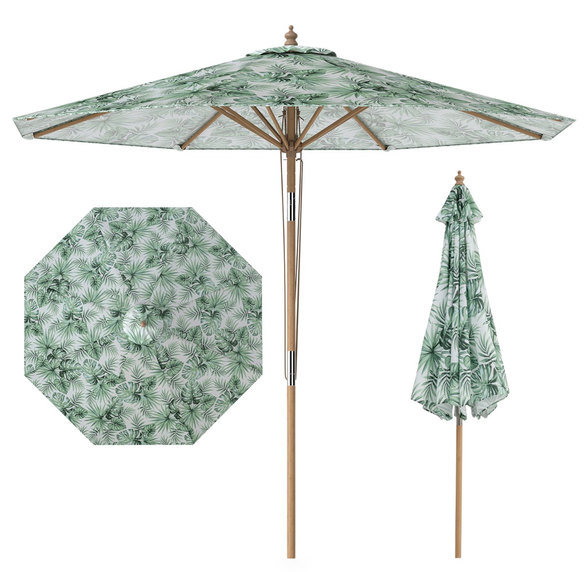 Costway Sombrilla Jardín 270cm Inclinable con Poste 8 Varillas Madera Haya Techo Ventilado Poleas para Exterior Patio Playa Verde