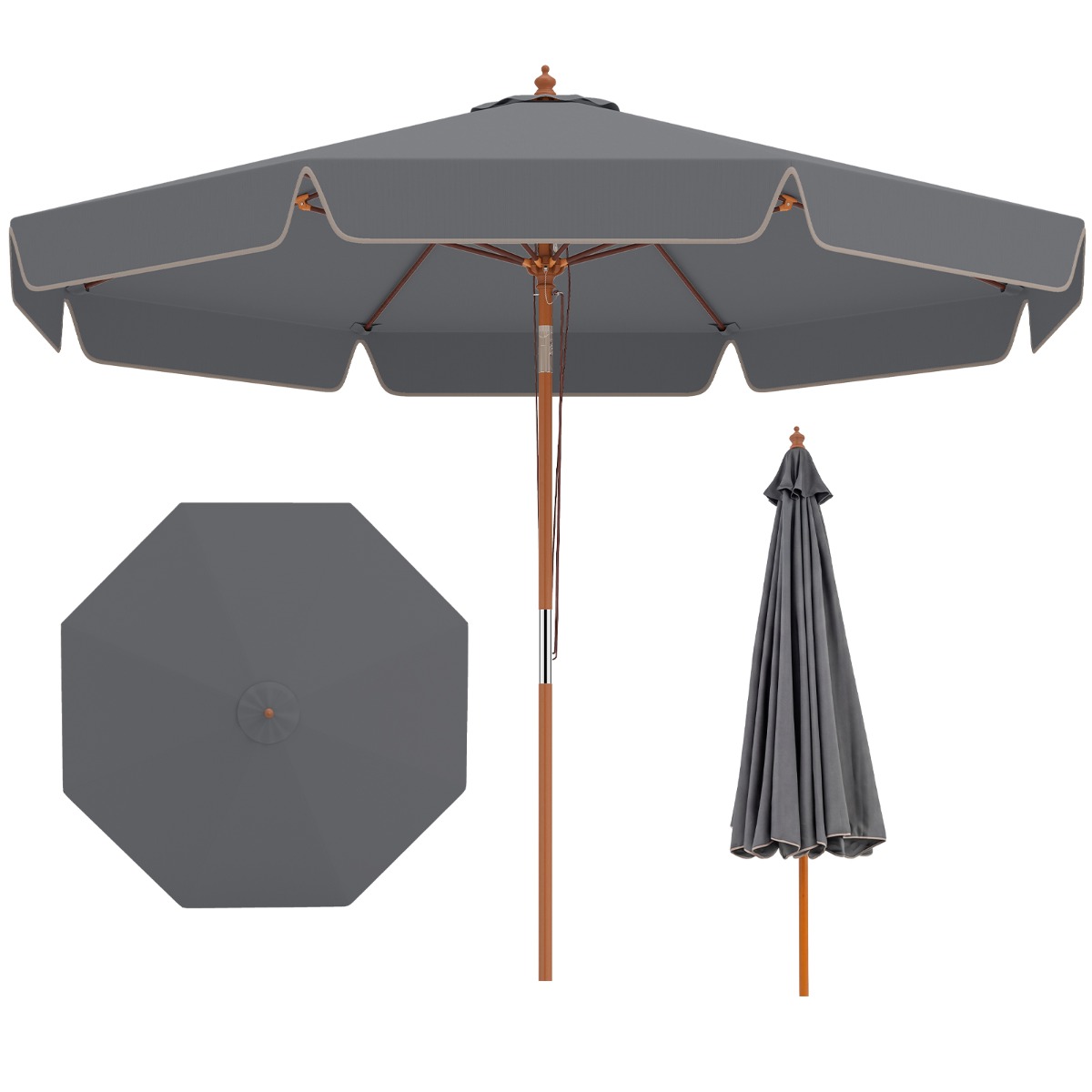Costway Sombrilla para Patio 300cm con Botón de Inclinación Mango Madera Techo Ventilado 8 Varillas para Jardín Playa Piscina Gris
