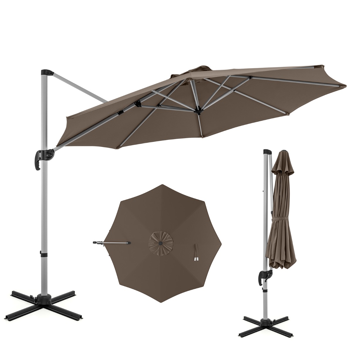 Costway Sombrilla Redonda de Aluminio de 339 cm con Rotación de 360° Inclinación Ajustable Resistente Viento para Patio Piscina Terraza