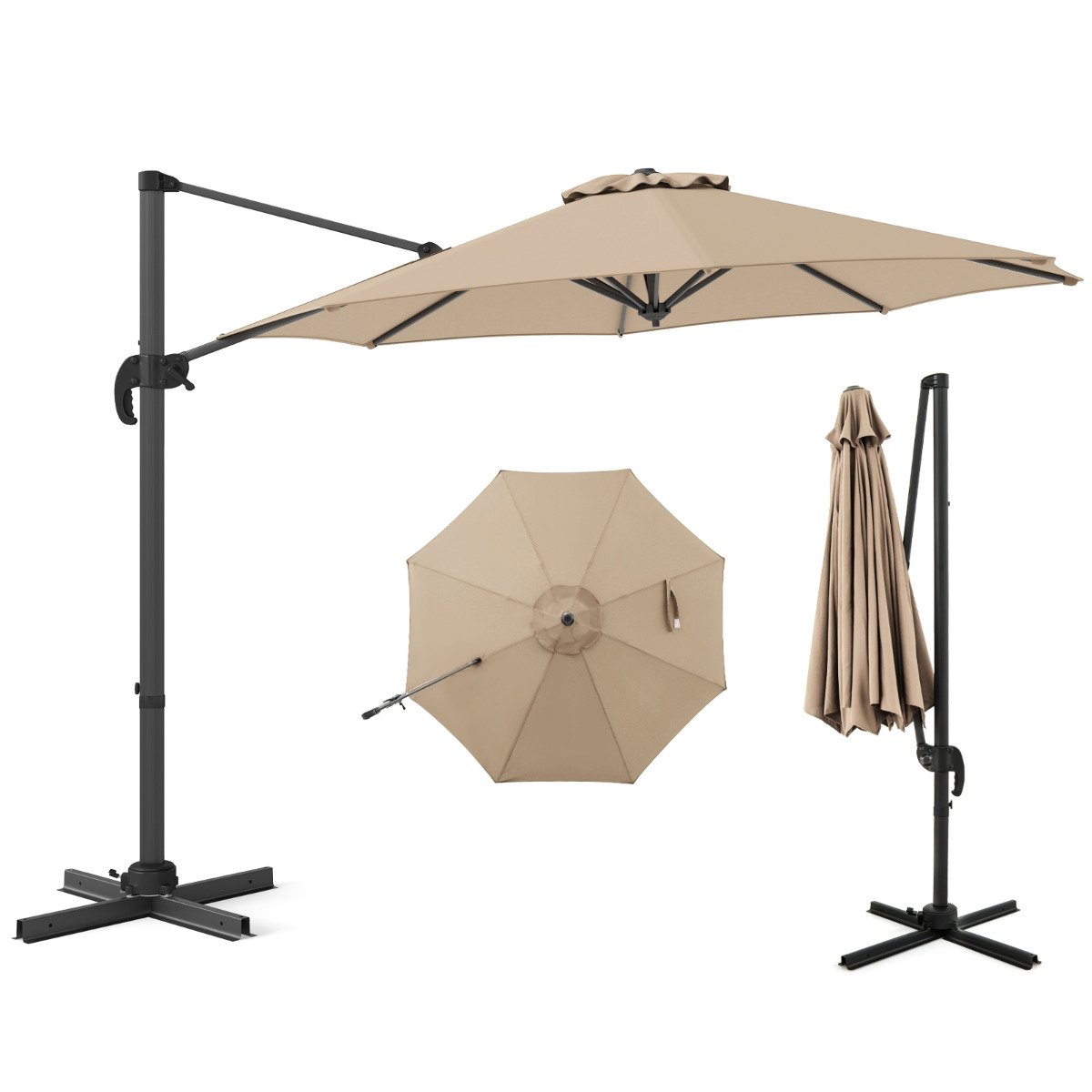 Costway Sombrilla Redonda para Patio Exterior 294 x 247 cm Sombrilla Colgante con Rotación de 360° Base Cruzada 5 Inclinaciones Ajustables