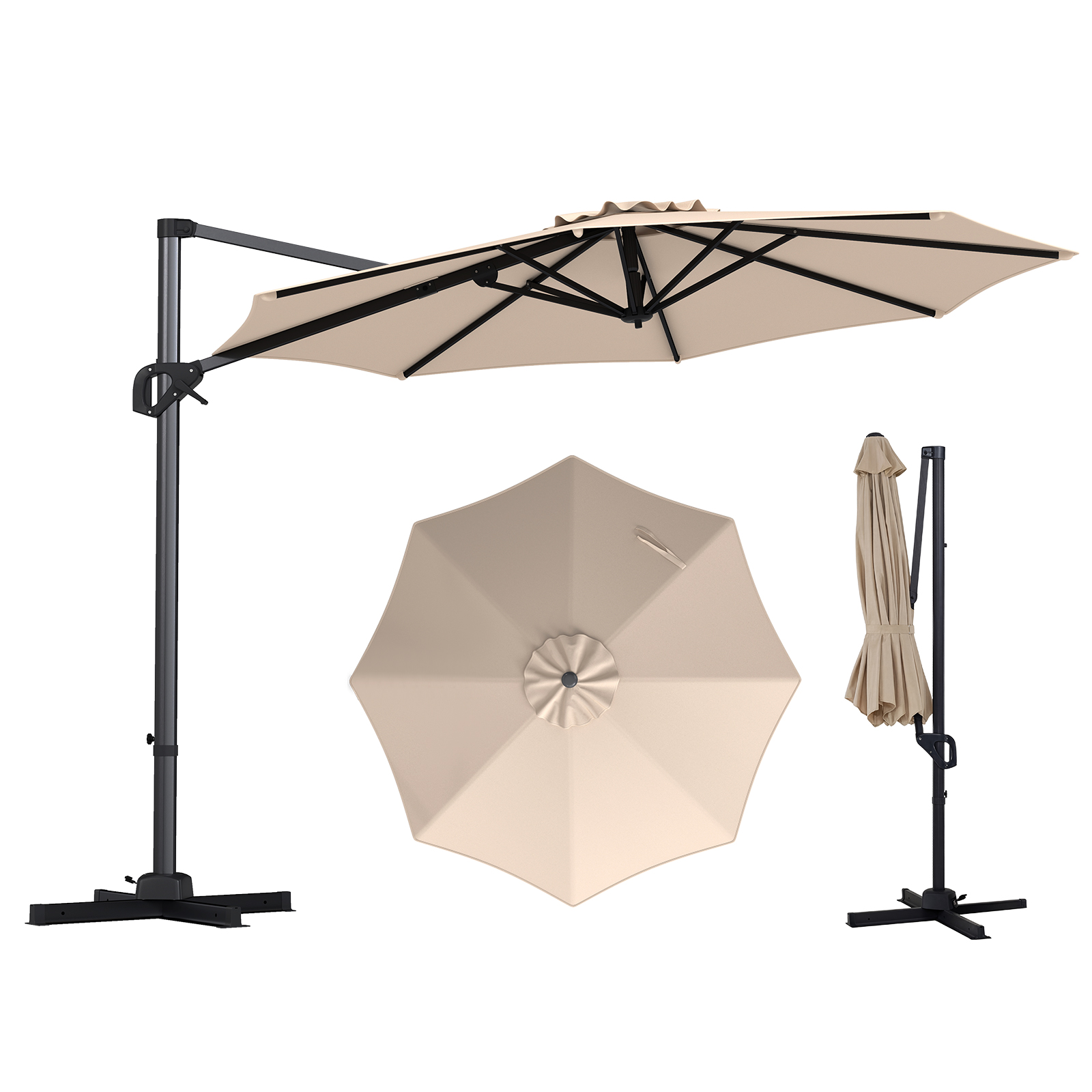 Costway Sombrilla Terraza Exterior 300cm con Rotación 360° Inclinable 8 Varillas de Metal Manivela para Jardín Patio Balcón Piscina Beige