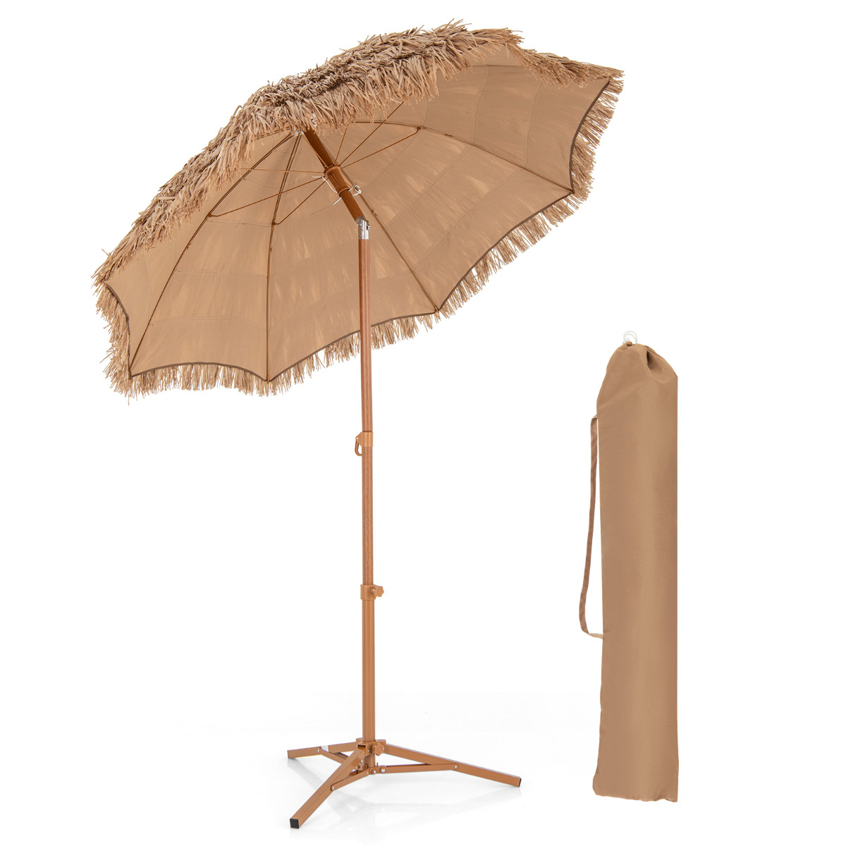 Costway Sombrilla Tiki de 200 CM con Base Plegable Sombrilla de Estilo Hawaiano para Playa con Botón de Inclinación Portátil para Exterior Jardín