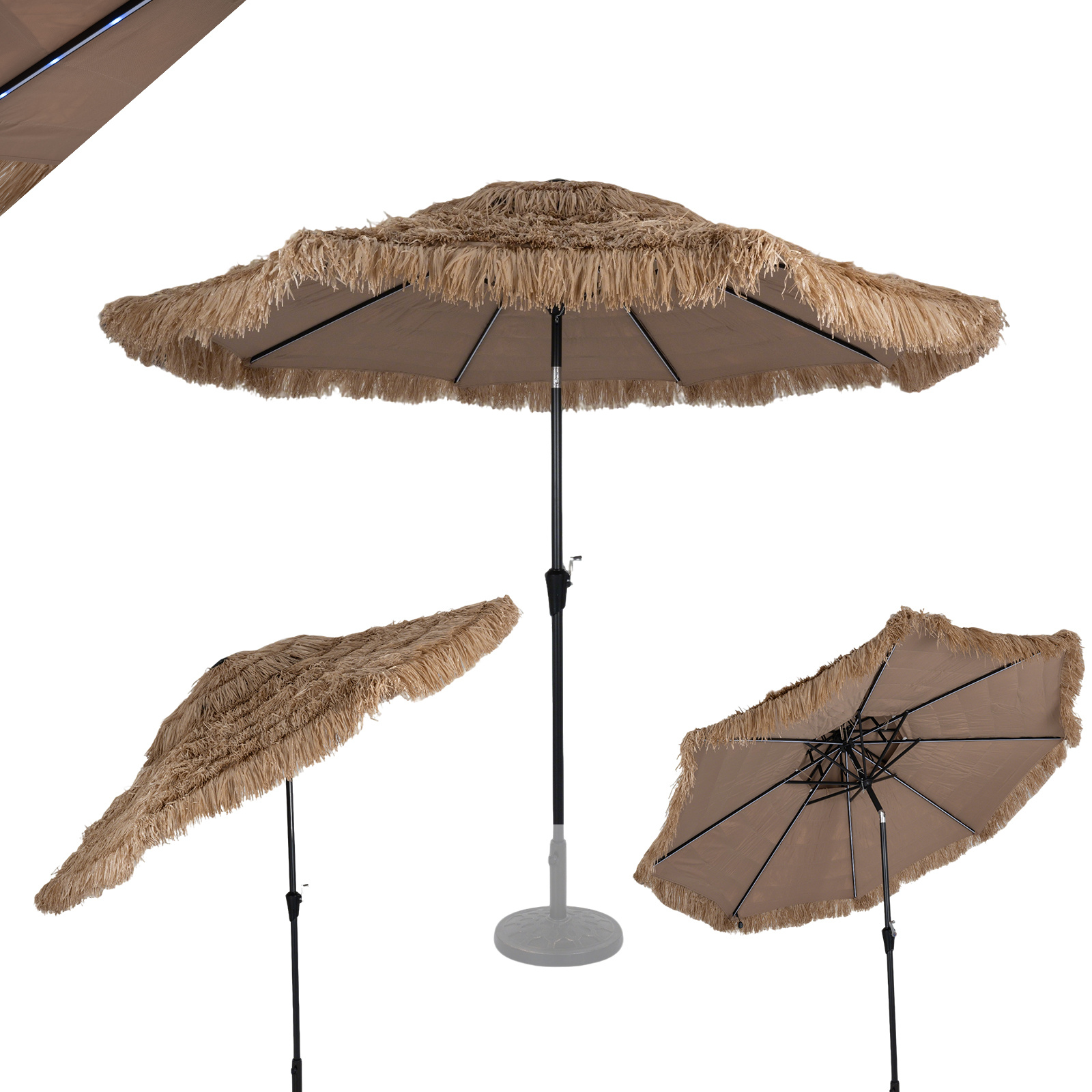 Costway Sombrilla Tiki Doble Capa con Luces LED Solares Multicolores 312 cm exterior Sin Base Inclinable para Jardín y Piscina Marrón