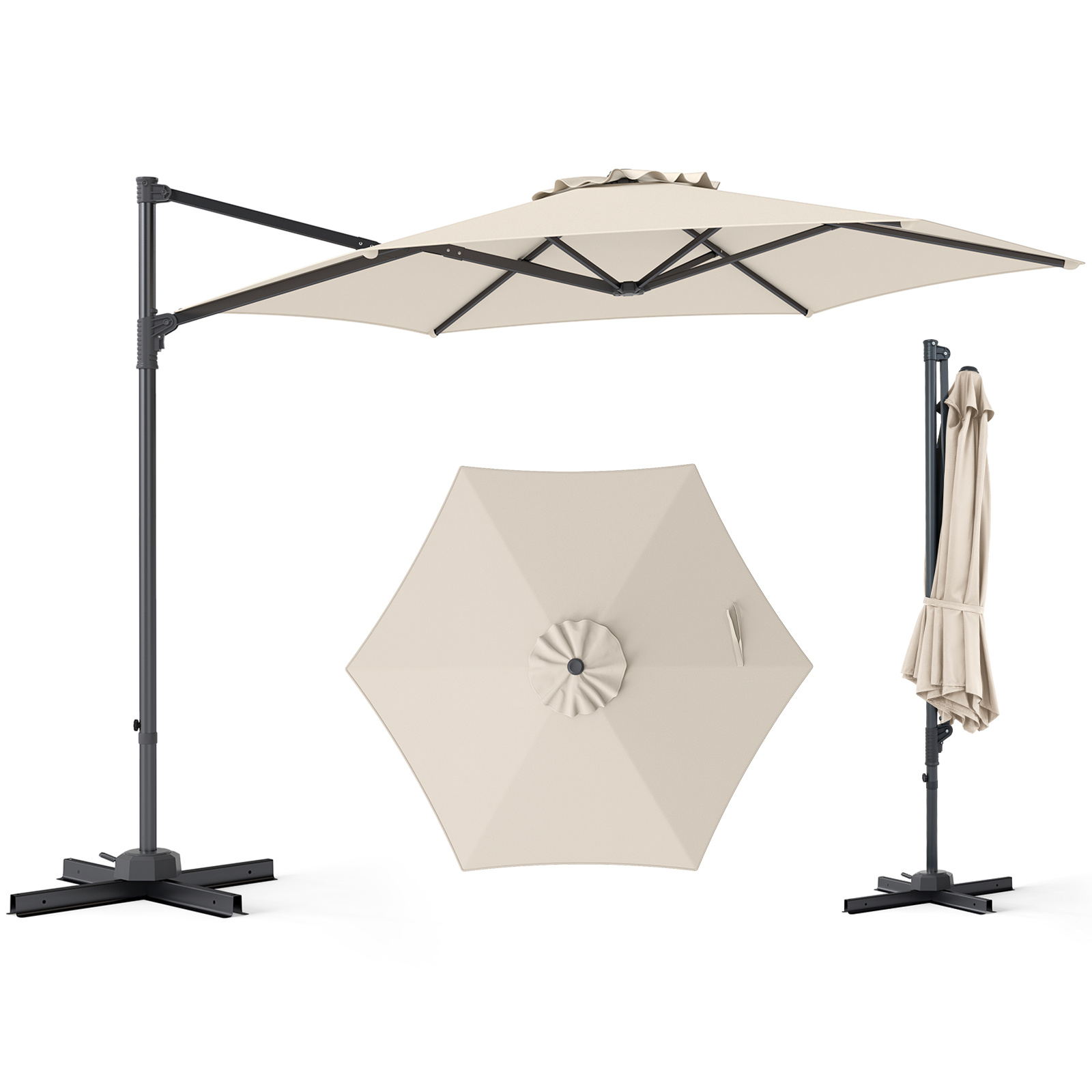 Costway Sombrilla Voladiza 292x292x240cm con Rotación 360° Varillas Metálicas Base Cruzada para Patio Terraza Piscina Beige